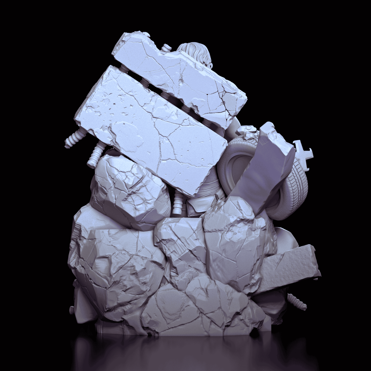 Rear view of Snake Plissken figure model featuring rubble, broken concrete, and embedded debris