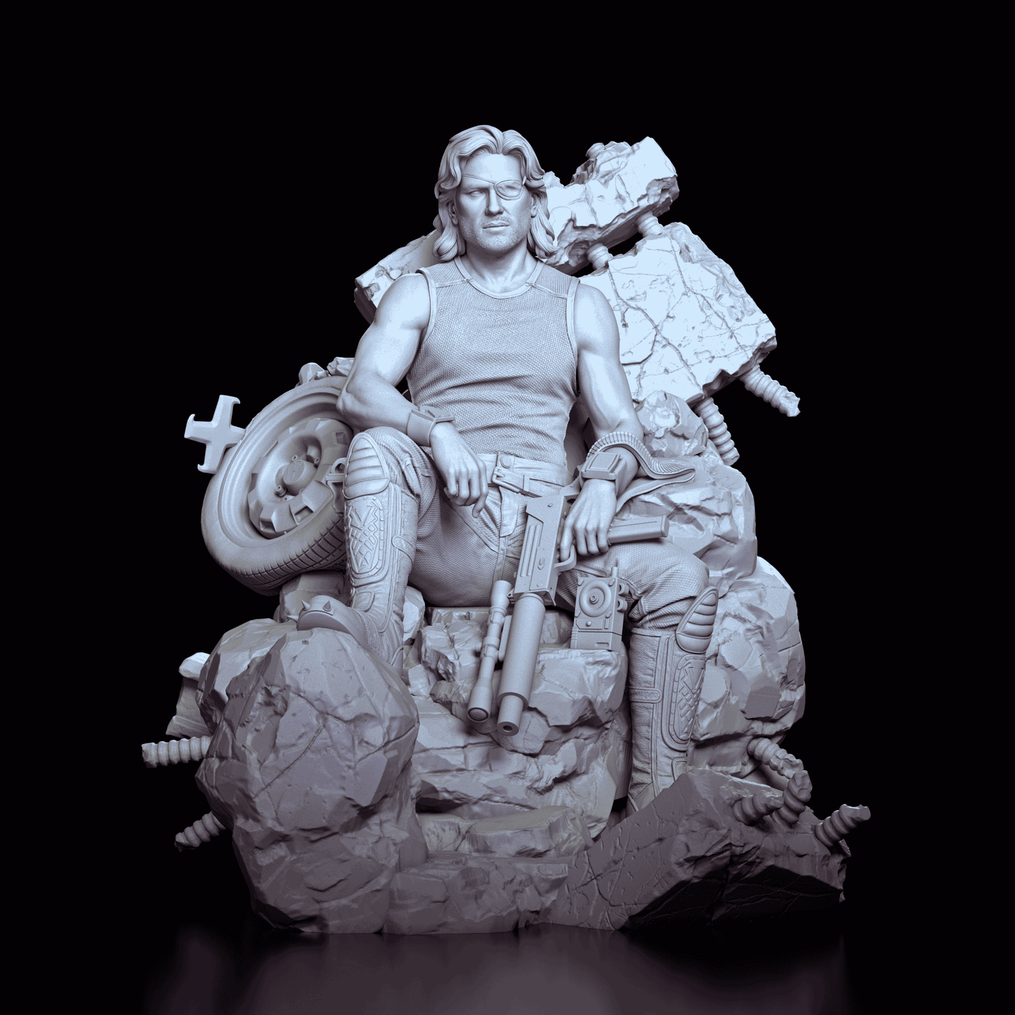 Front view of Snake Plissken resin model kit seated on a post-apocalyptic throne, armed and relaxed
