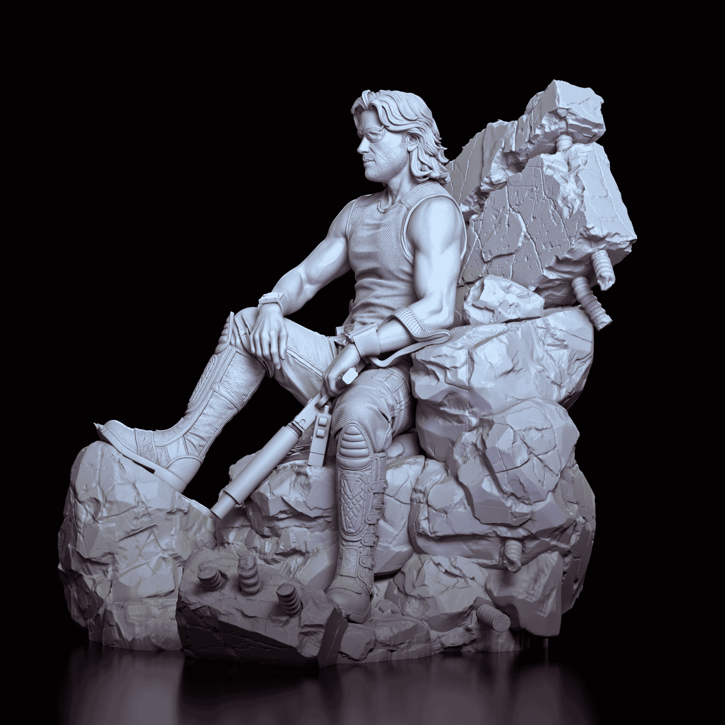 Left side angle of Snake Plissken model kit showing detailed boots and weapon resting across his lap
