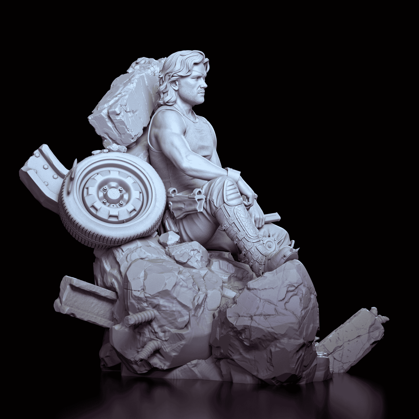 Right side angle of Snake Plissken figurine highlighting facial profile and scattered debris
