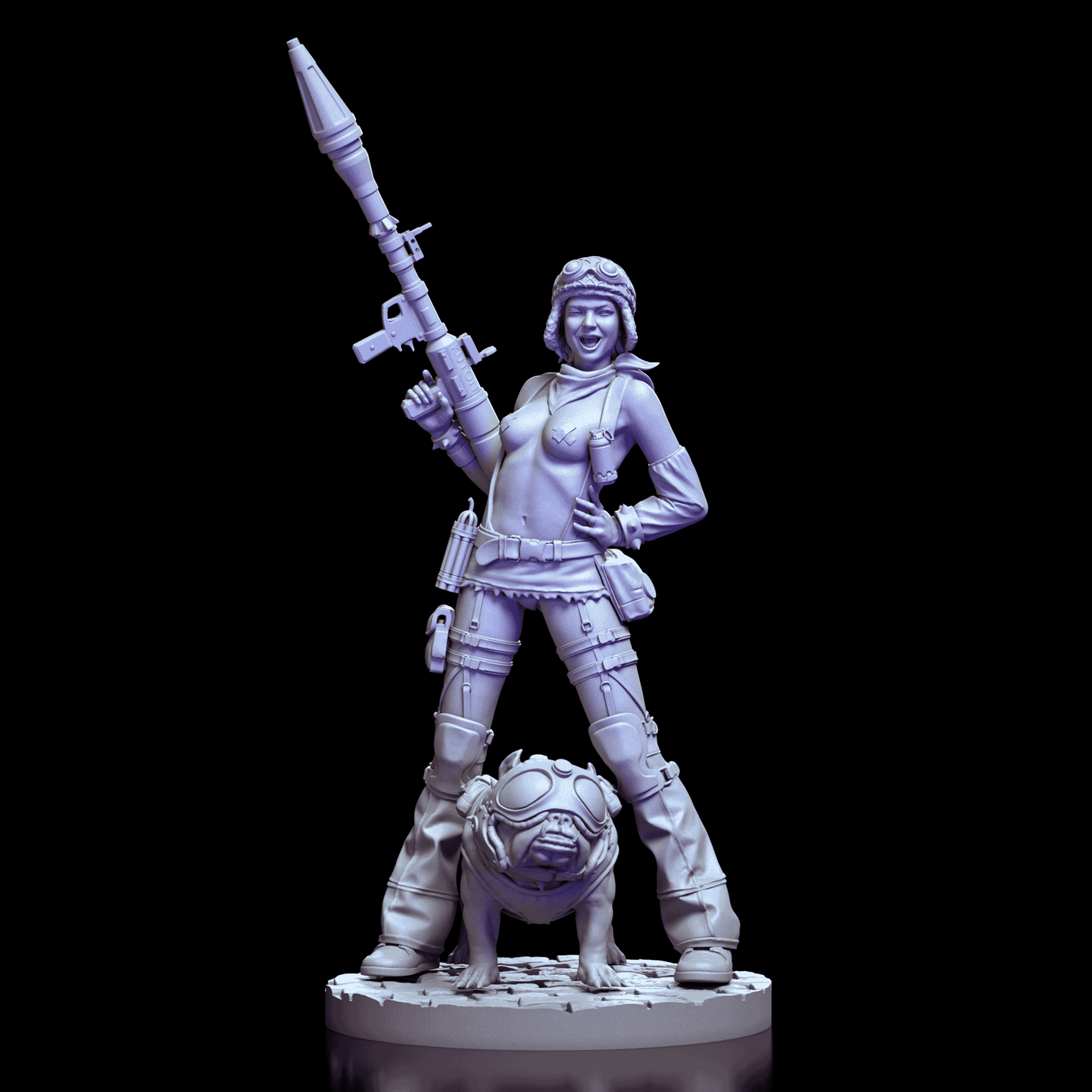 Front view of Tank Girl figure model kit standing confidently with rocket launcher and bulldog companion