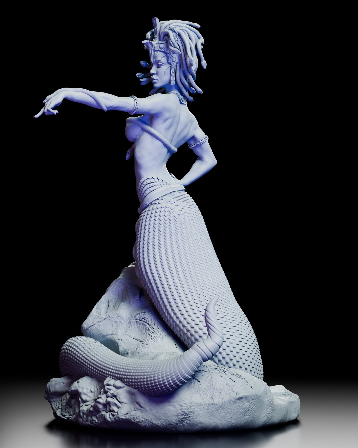 Left side angle of The Gorgon Queen statue showing scaled tail and commanding posture