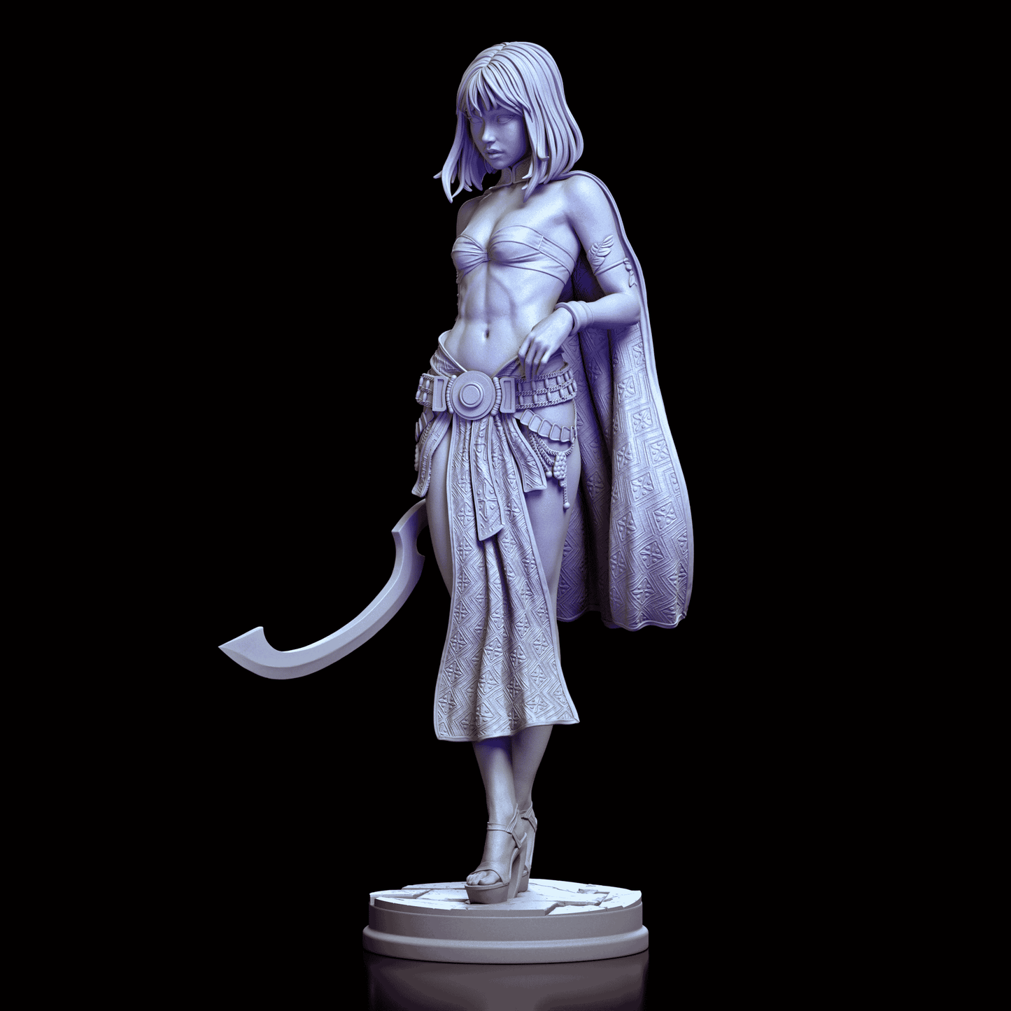 Front view of Zahara the Desert Assassin, holding a curved blade and wearing a detailed cape with ornate patterns.