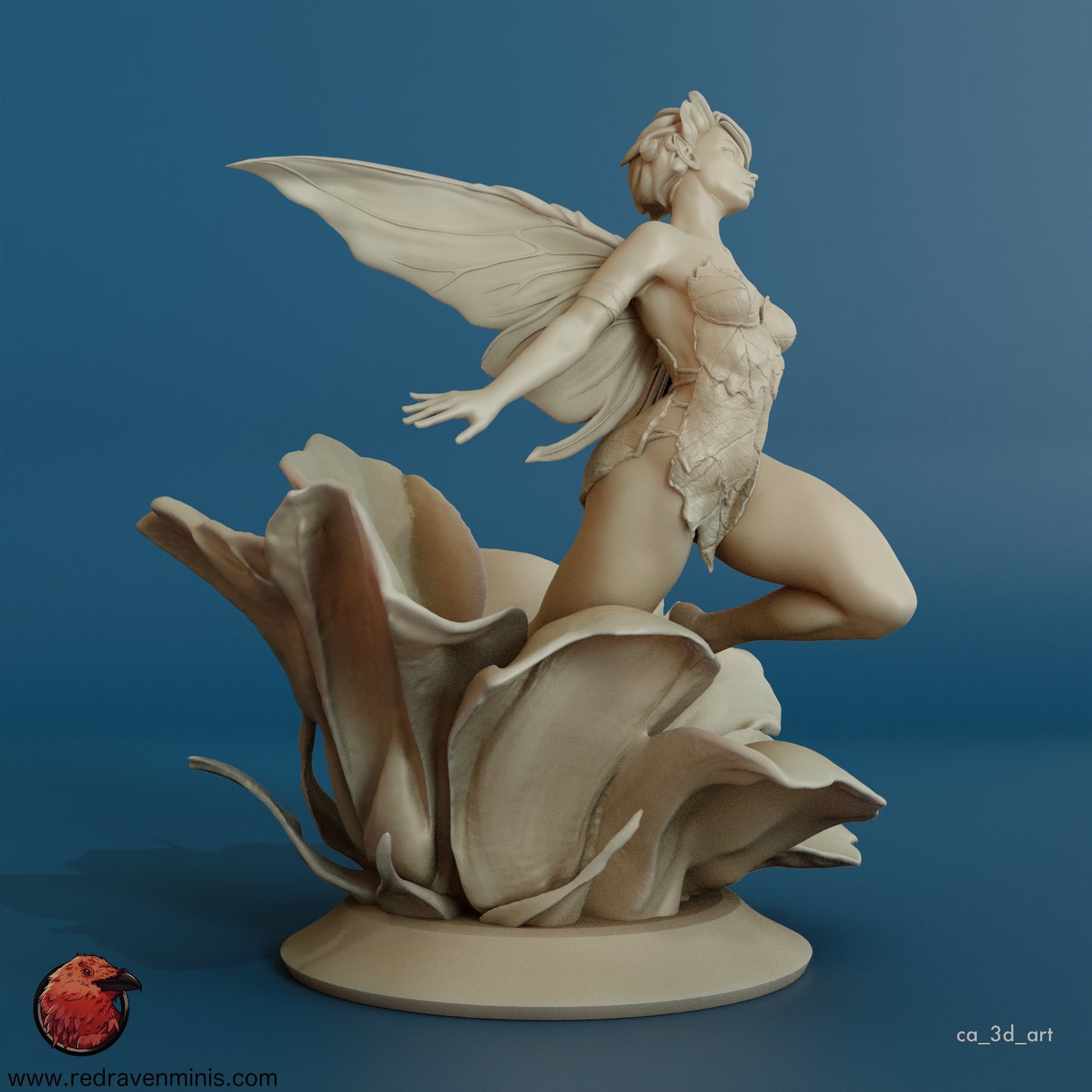 Side view of the Enchanted Fairy resin model kit, highlighting the clear resin wings and flowing design.