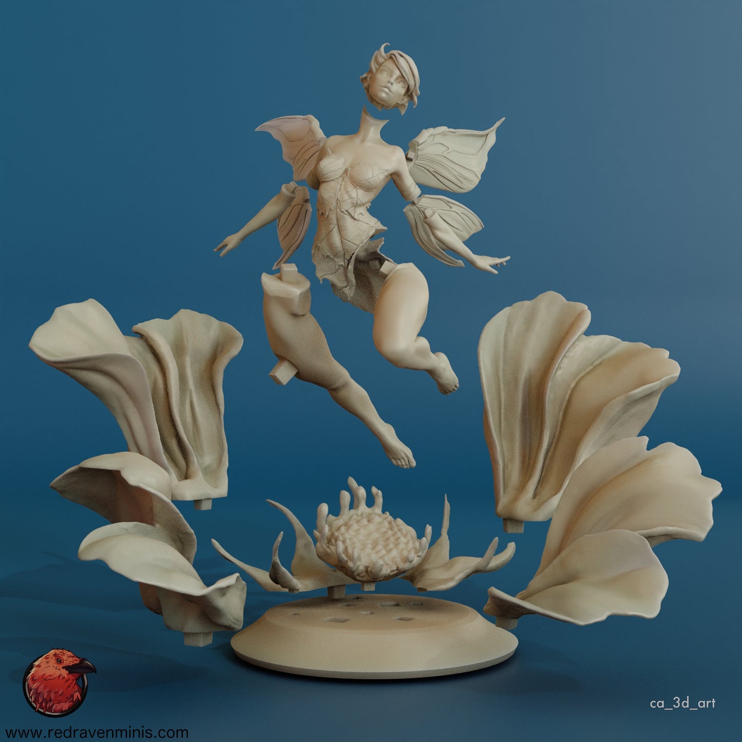 Disassembled parts of the Enchanted Fairy resin model kit, showing individual pieces for assembly.