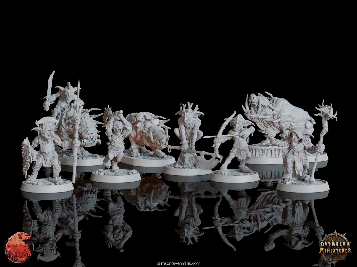 Set of eight finely crafted Goblins da Traedzle miniatures, featuring goblin warriors and war pig riders