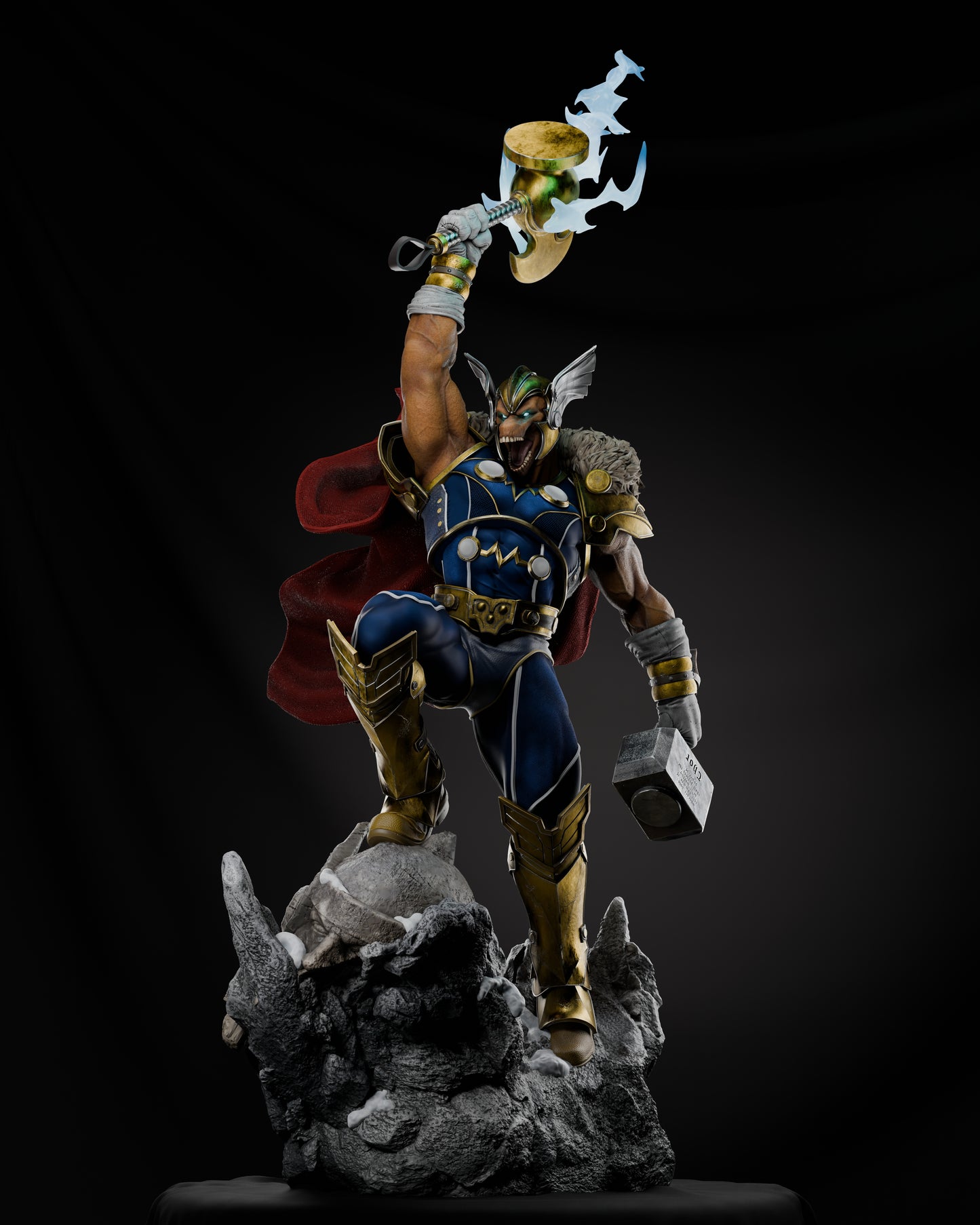 Dynamic portrayal of Beta Ray Bill standing victoriously on a rugged terrain, wielding his mystical hammer, against a dark background.