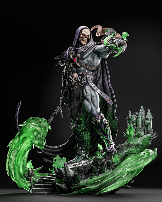 1:6 scale model kit of Skeletor by ZEZ STUDIOS featuring detailed sculpting of skeletal face, flowing cloak, and mystical green energy effects, set against a dark backdrop with Castle Greyskull.