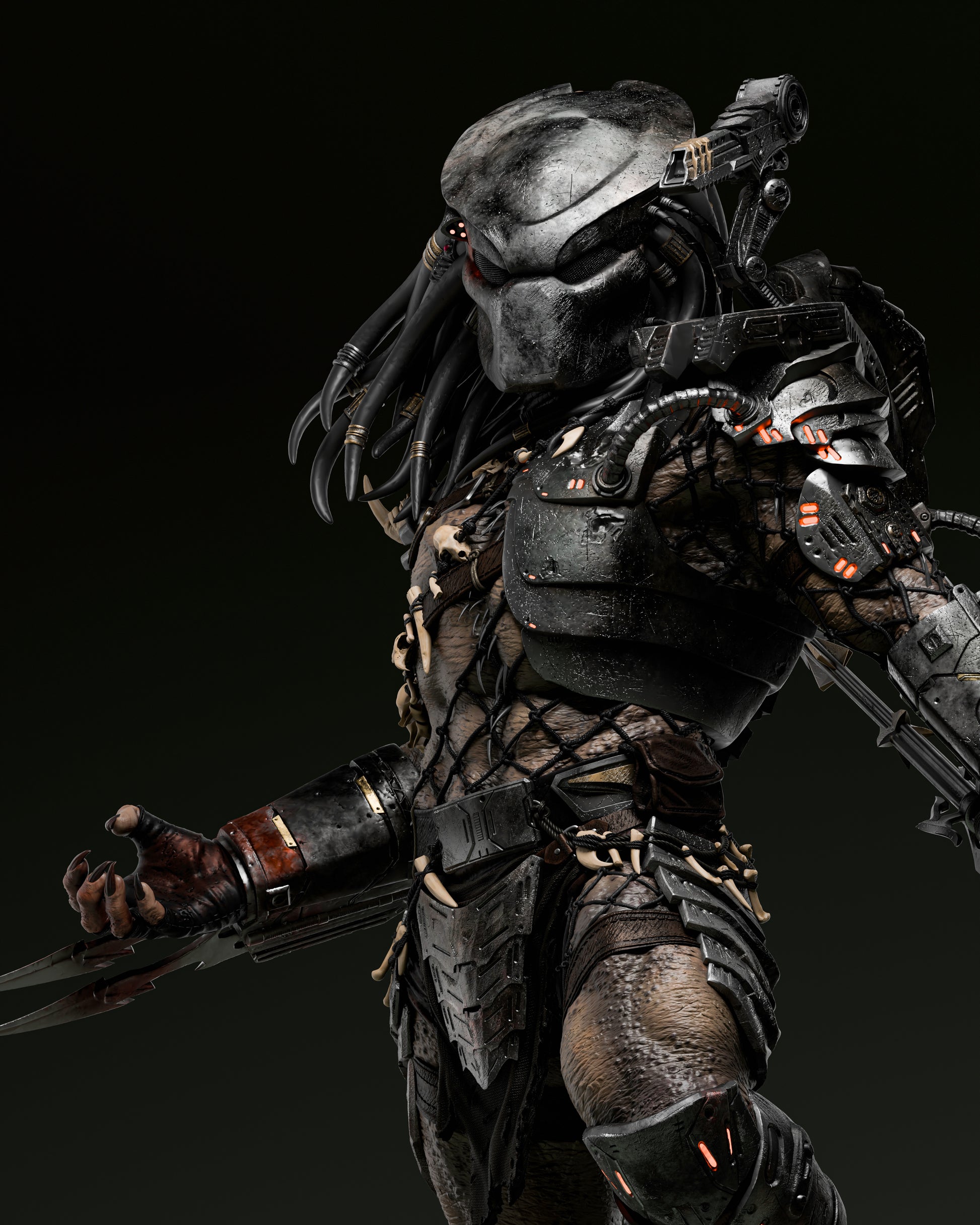 Predator Yautja Warrior resin figure in a dynamic pose, showcasing intricate armor and weapon details.