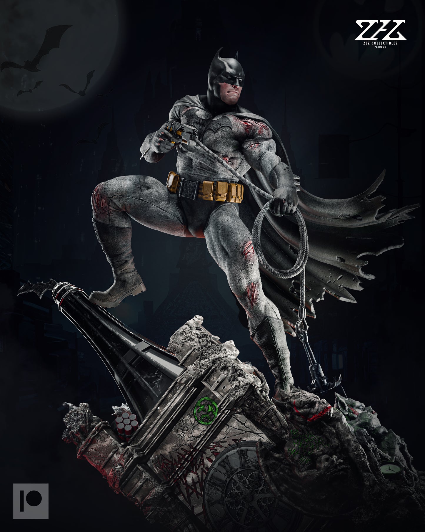 A highly detailed figurine of a battle-worn superhero standing heroically on a gothic, debris-filled base. The figure is dressed in a gray and black costume with a cowl and cape, featuring realistic textures and battle scars. He holds a grappling hook in his right hand and his left foot is raised, as if stepping over the rubble. The background shows a dark cityscape under a moonlit sky with a bat silhouette flying. The image includes a logo for ZEZ Collectibles at the top right.