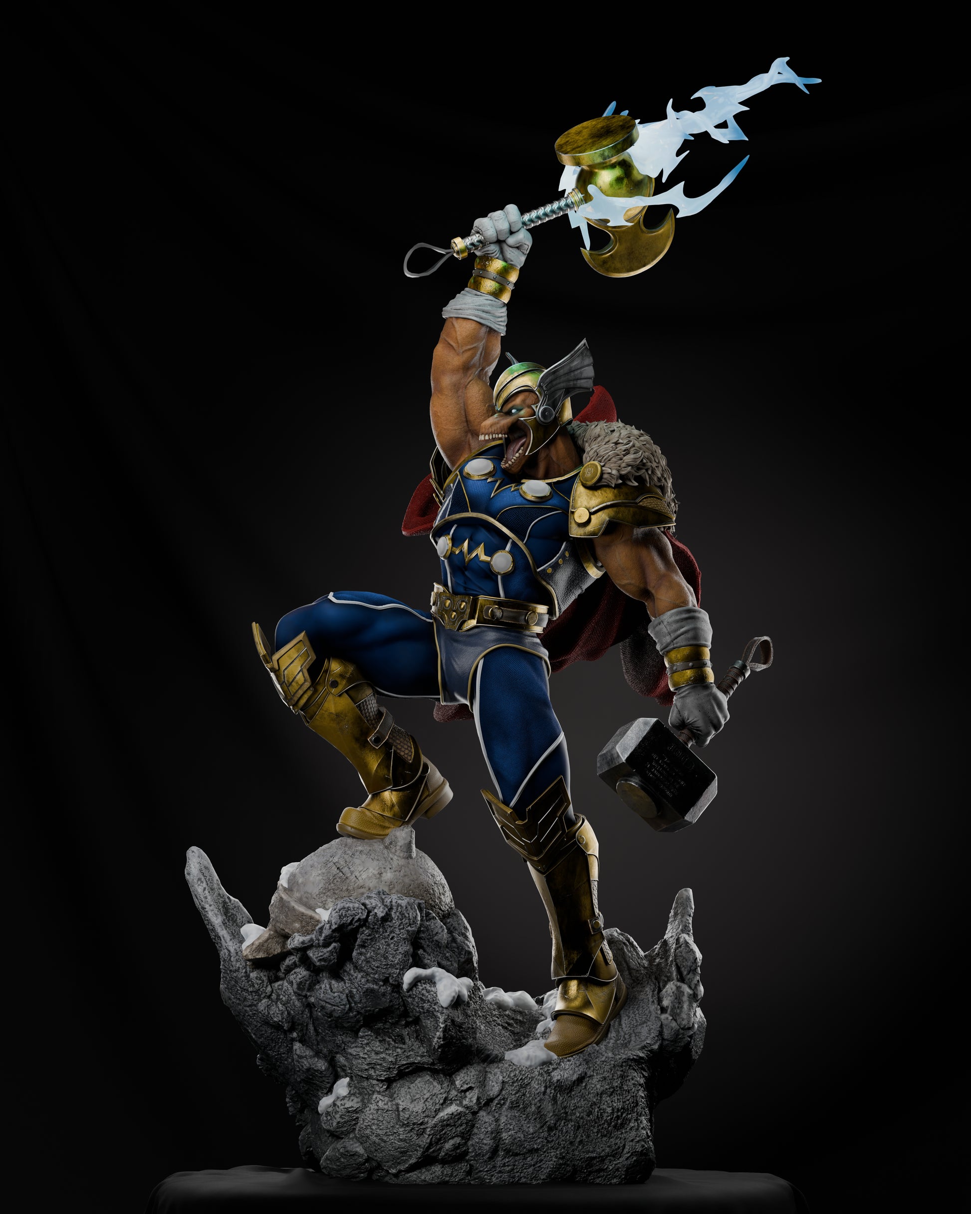 Frontal view of Beta Ray Bill in a battle stance, displaying detailed armor and cape, with a mystical energy emanating from his hammer.