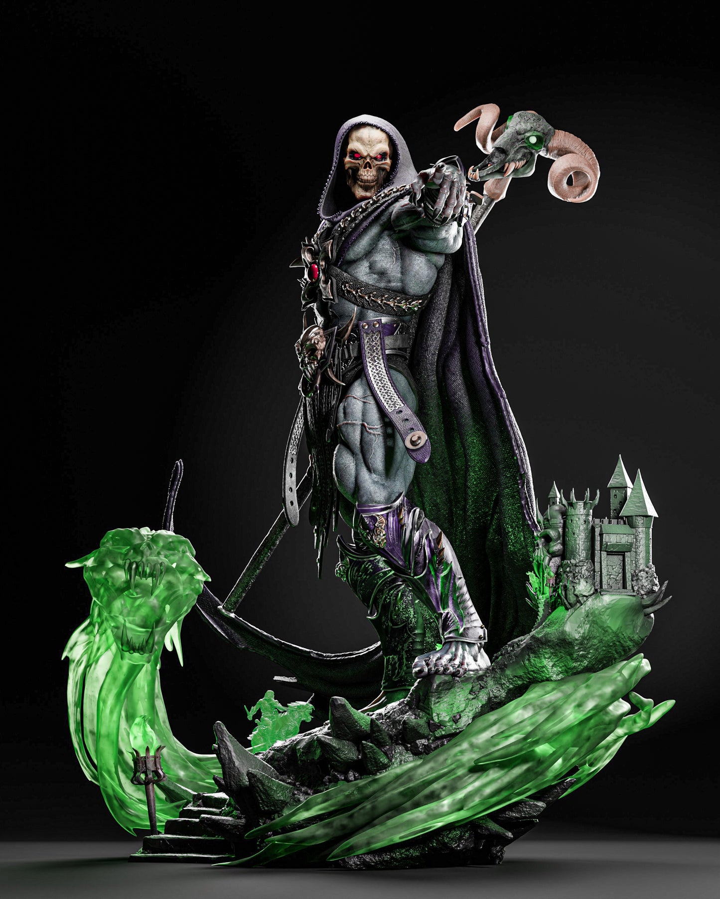 Front view of Skeletor 1:6 scale figure model kit, featuring intricate armor and a menacing stance with glowing green effects, created by ZEZ STUDIOS.