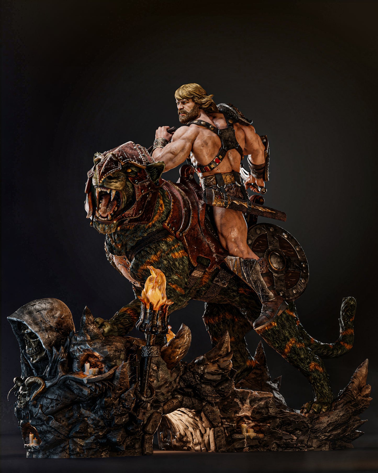 A powerful depiction of He-Man and Battle Cat in full charge, showcasing intricate armor details and a vivid expression of ferocity from Battle Cat.