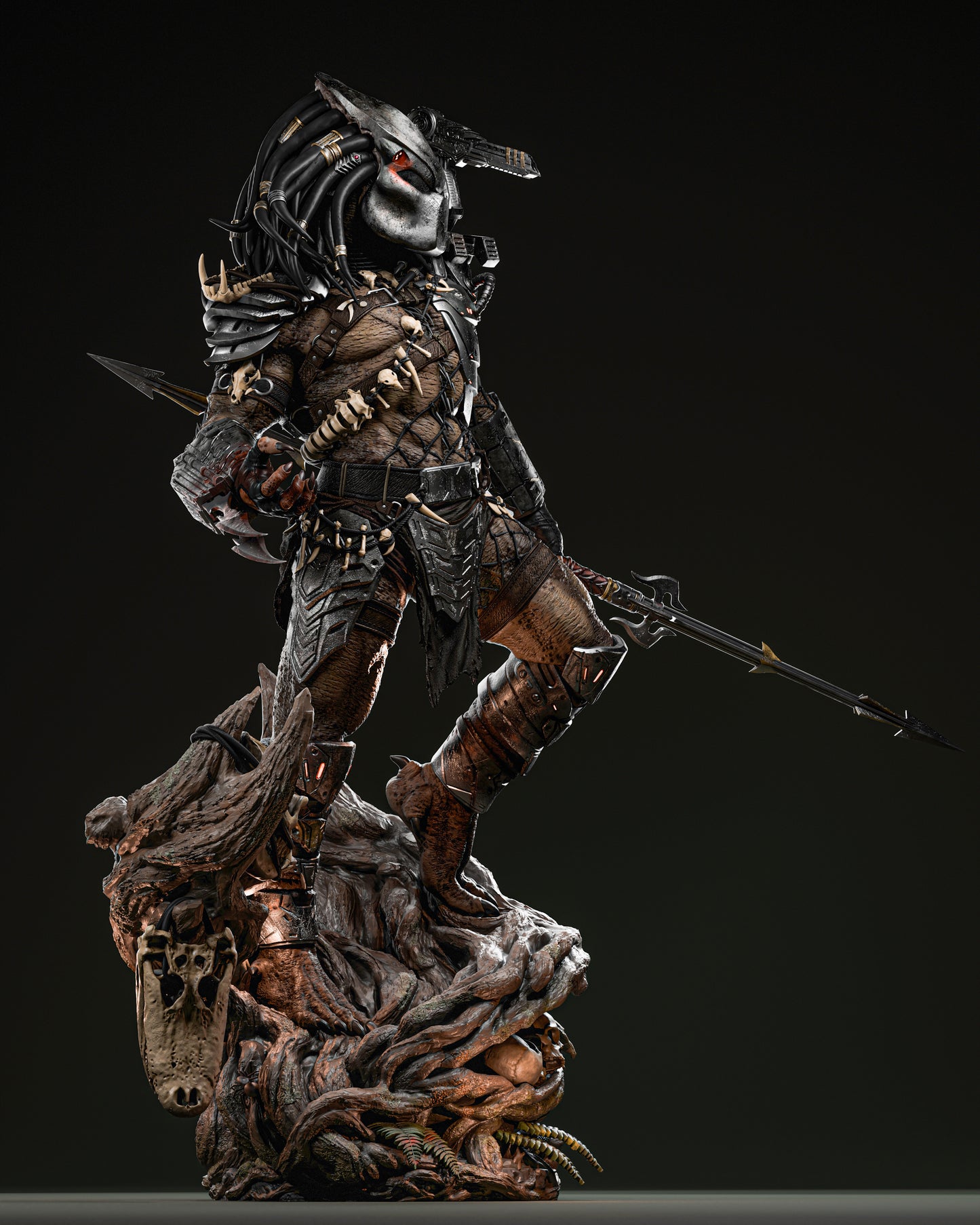 Side view of the Predator Yautja Warrior resin figure model, highlighting detailed textures and accessories.