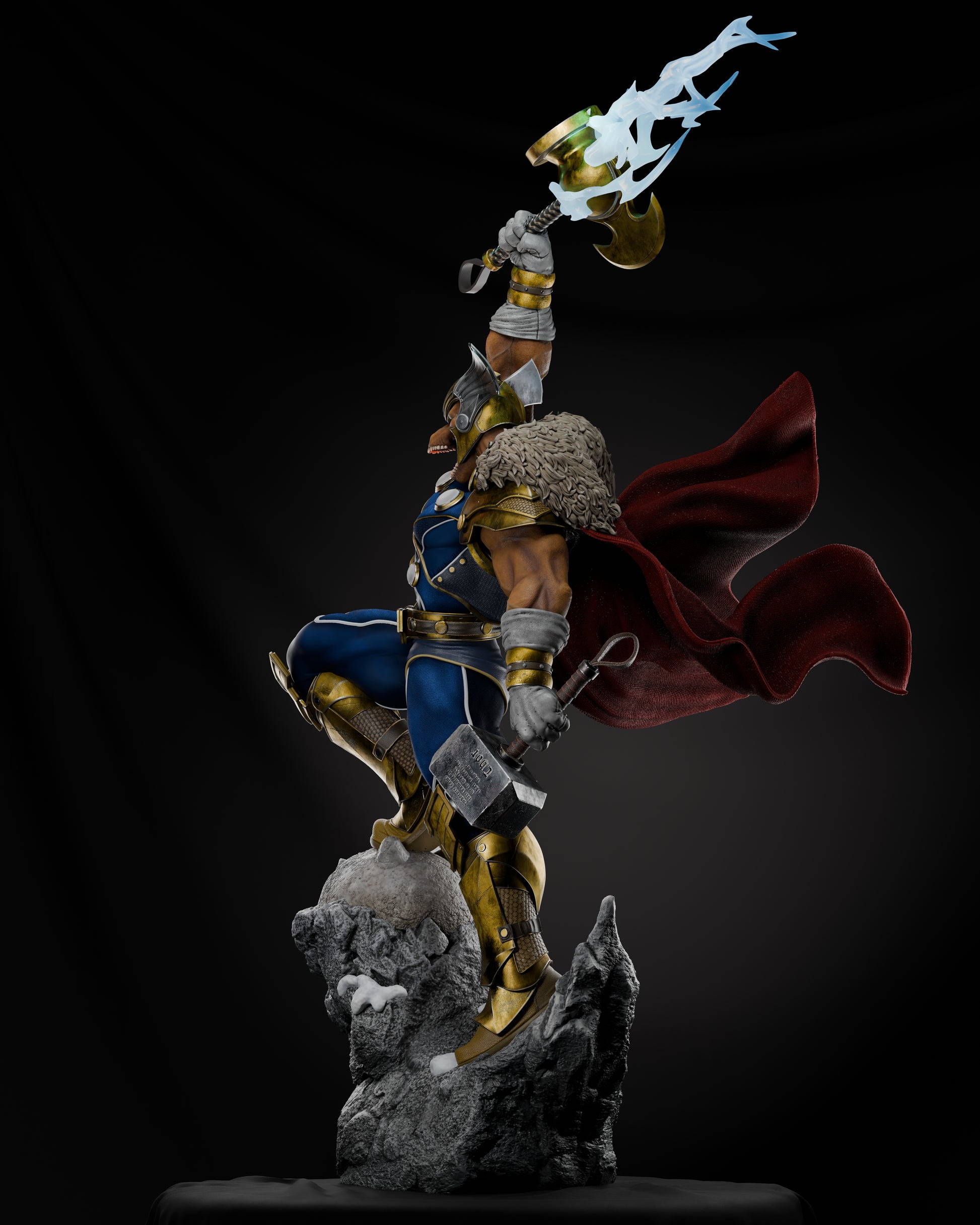 Beta Ray Bill in an aggressive battle pose, emphasizing his muscular build and detailed costume elements, set against a shadowy backdrop.