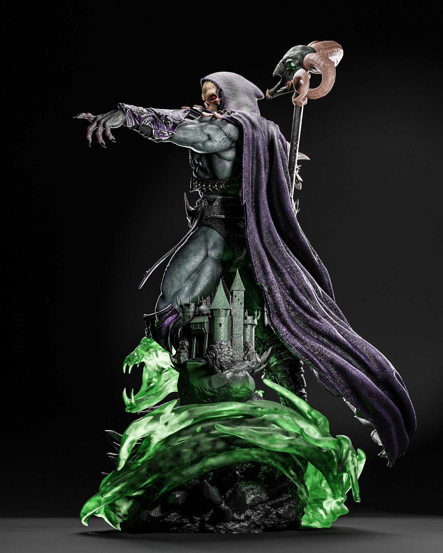 Side view of Skeletor 1:6 scale figure model kit, highlighting the detailed textures of the cloak and armor, with green energy swirling around, designed by ZEZ STUDIOS.