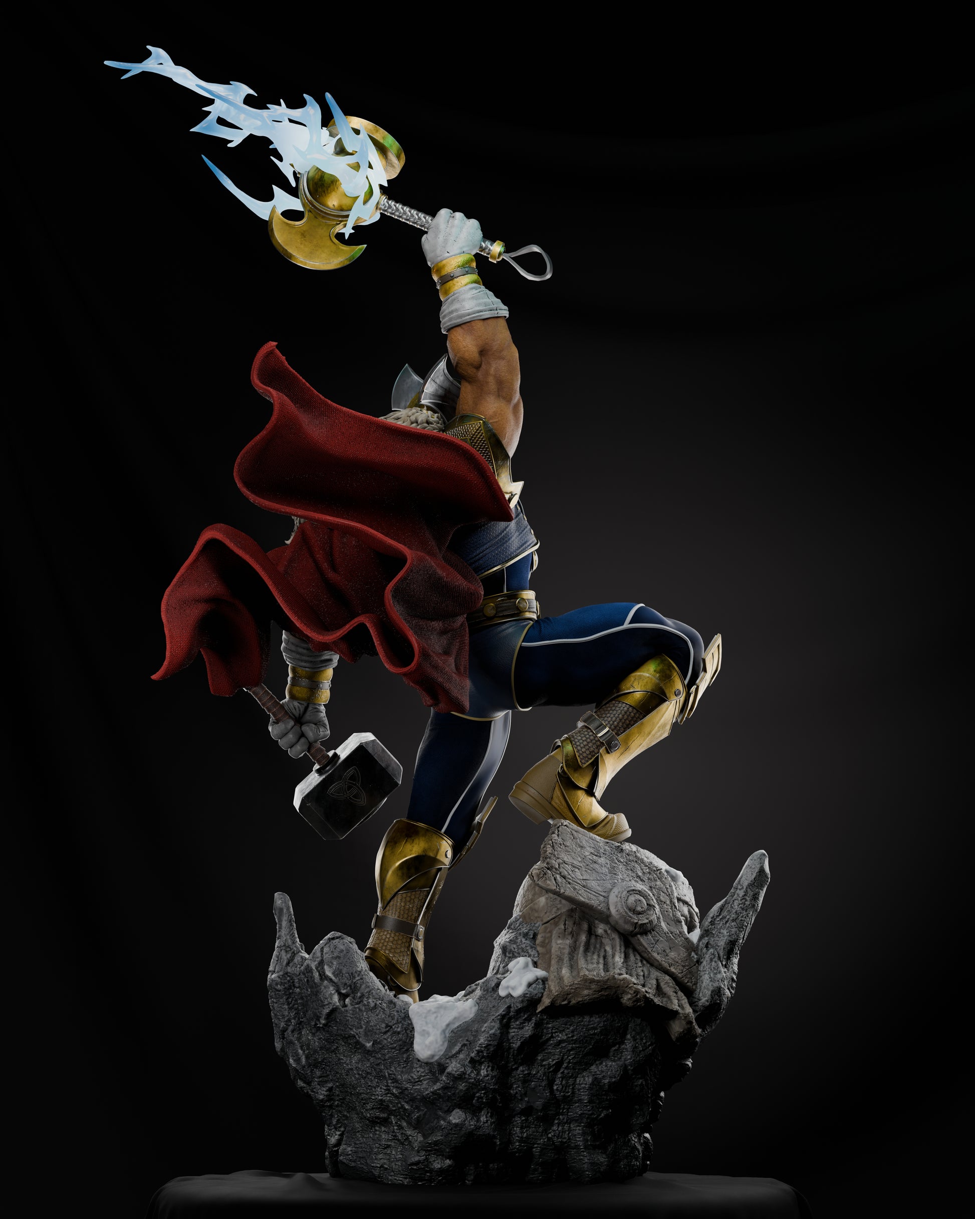 Beta Ray Bill captured mid-action, hammer raised high, showcasing intricate details of his armor and cape, against a dark background.