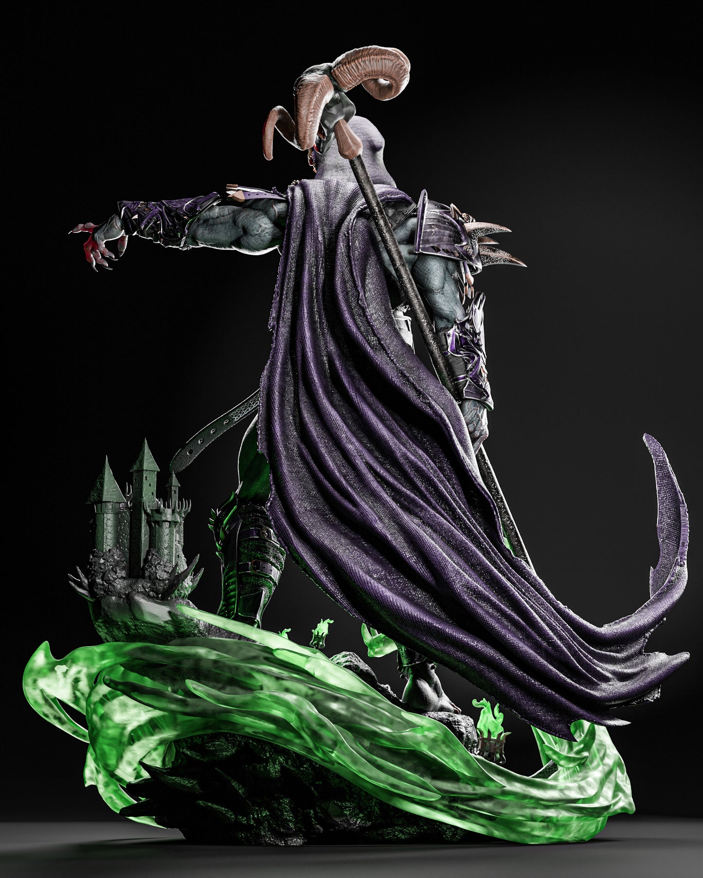 Rear perspective of Skeletor 1:6 scale figure model kit, emphasizing the flowing cloak and detailed base with green energy effects, created by ZEZ STUDIOS.