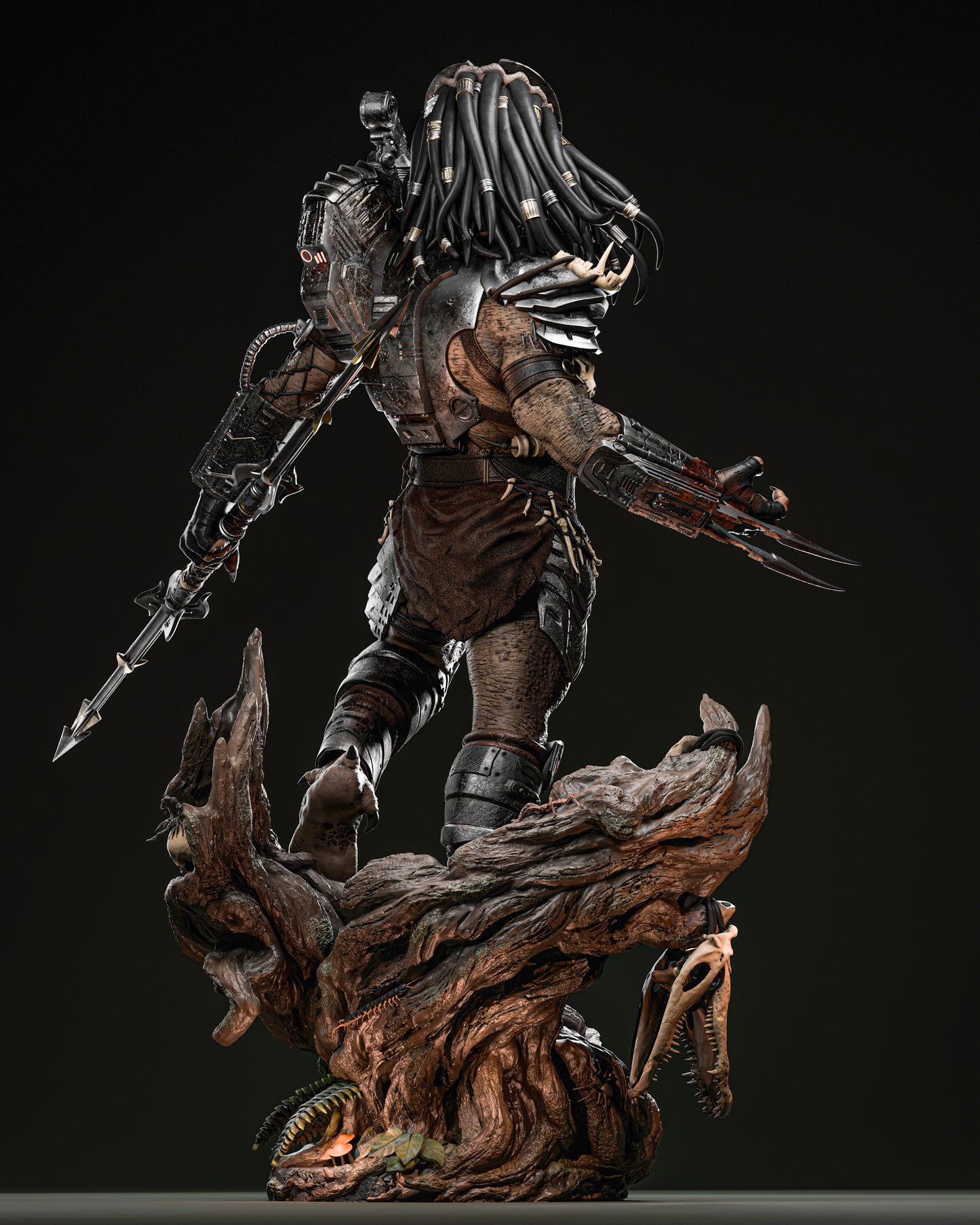 Back view of the Predator Yautja Warrior resin figure, emphasizing the detailed armor and accessories.