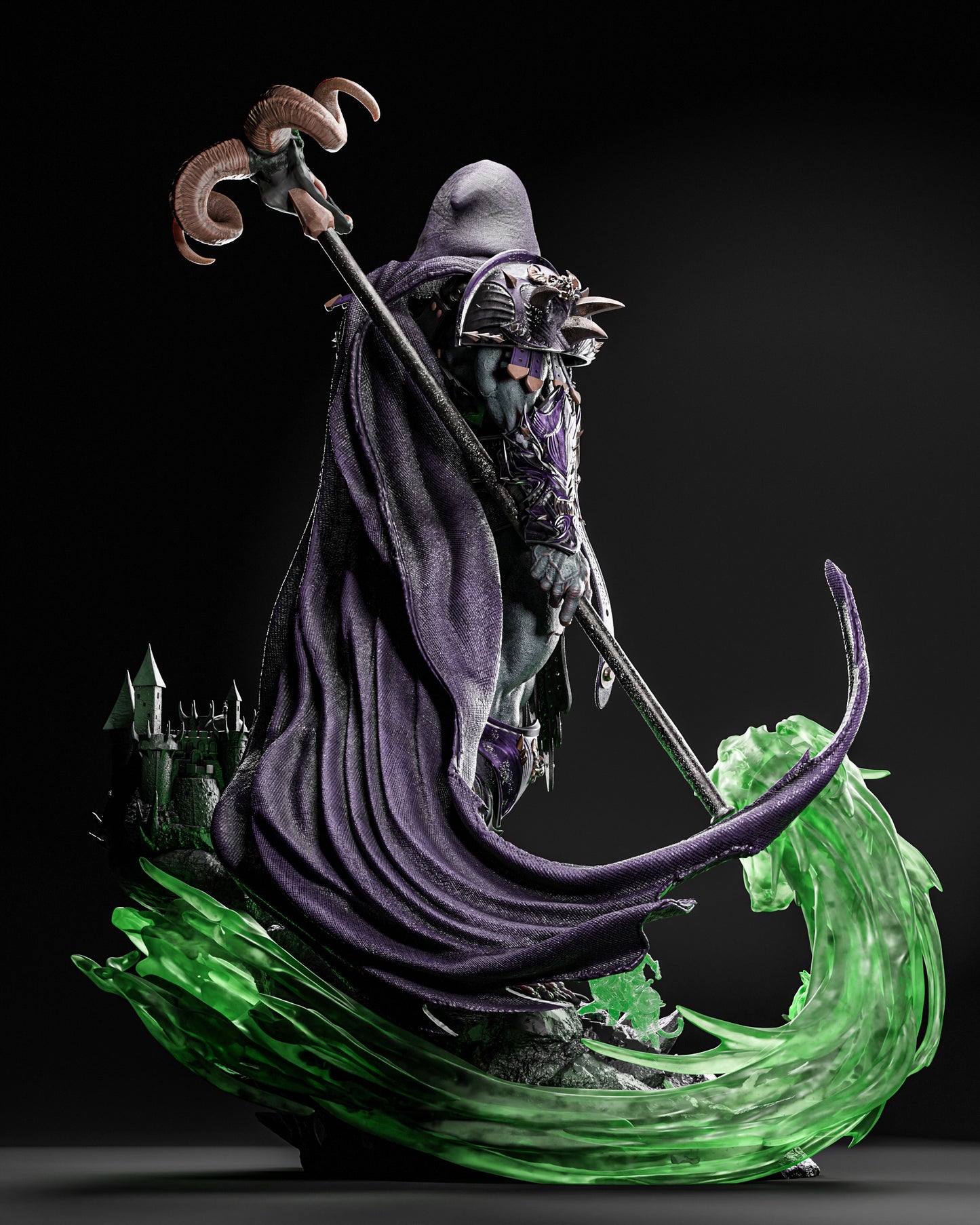 Profile view of Skeletor 1:6 scale figure model kit, showcasing the detailed sculpting of the figure's muscles and armor, with a dynamic green energy effect, designed by ZEZ STUDIOS.