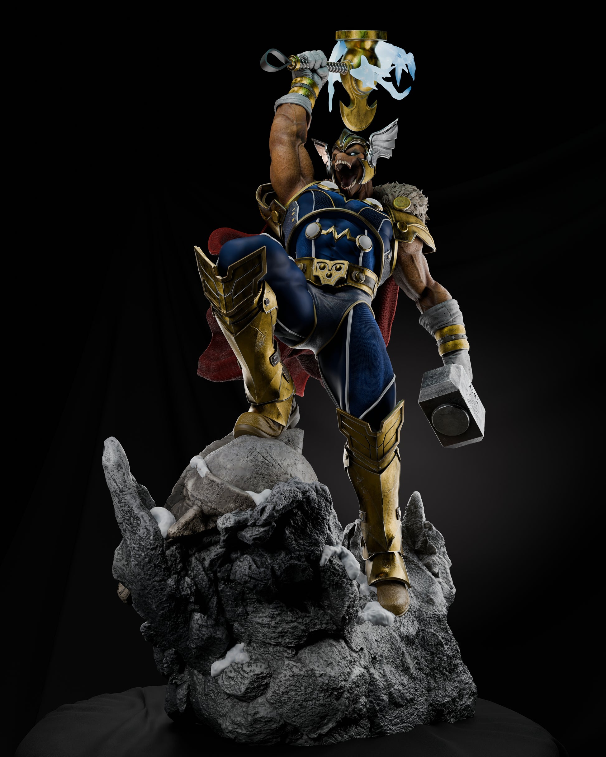 Beta Ray Bill striking a dominant pose atop a rocky base, hammer glowing with energy, under dramatic lighting.