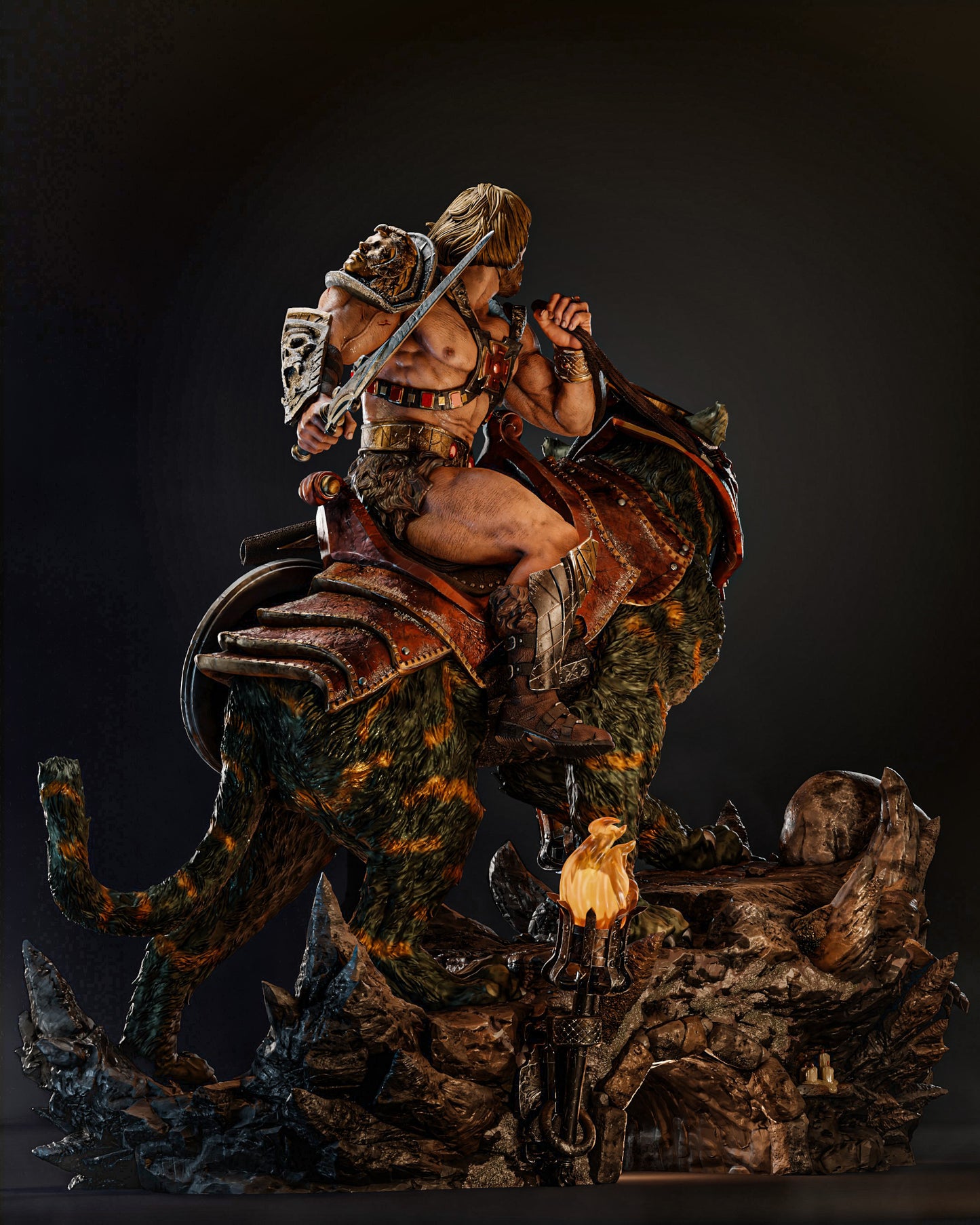 Side view of He-Man on Battle Cat, highlighting the muscular build of both characters and the vibrant colors of their armor, with a focus on the dramatic pose.