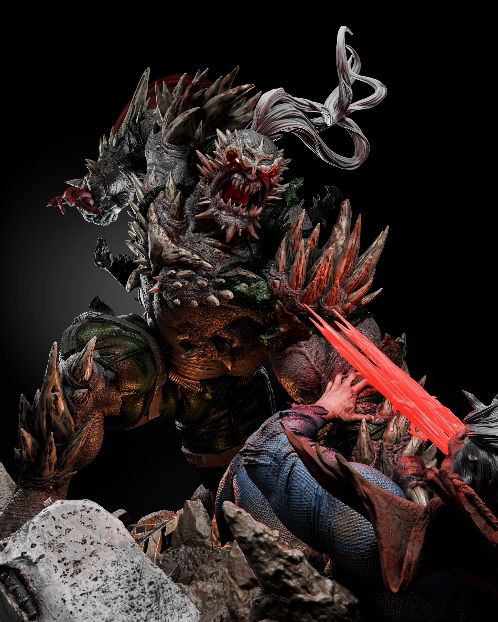 Close-up of Doomsday's menacing face and spiked armor as he battles Superman, highlighting the detailed sculpting, 1:6 scale.