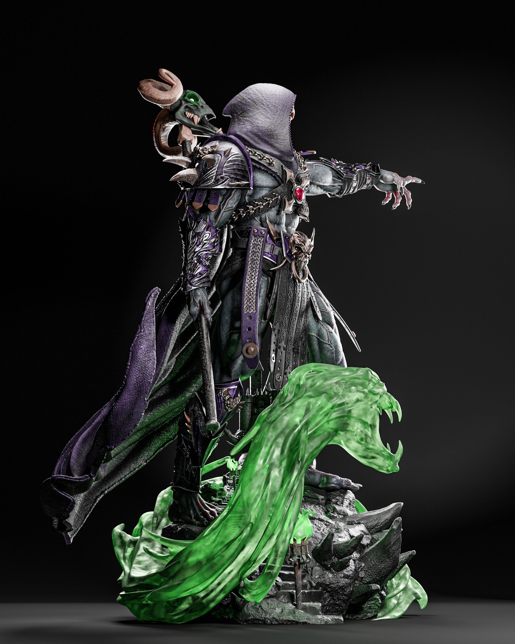 Dynamic pose of Skeletor 1:6 scale figure model kit, with intricate armor and glowing green effects, designed by ZEZ STUDIOS.