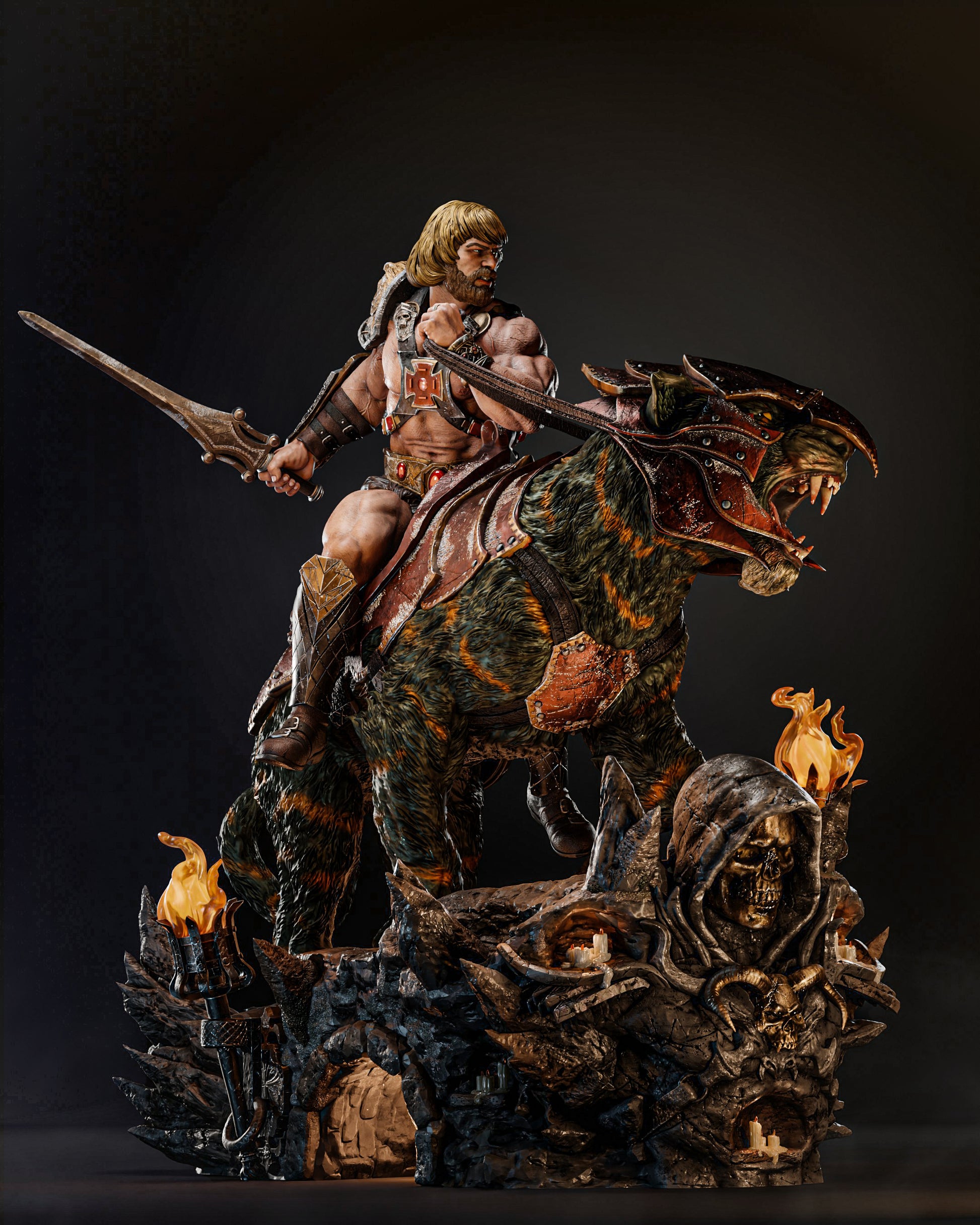 A dynamic sculpture of He-Man riding Battle Cat, featuring He-Man poised heroically with a sword and Battle Cat roaring fiercely, set against a dark background.