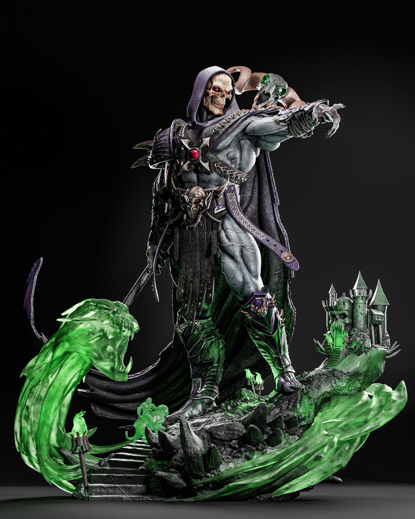 Dynamic pose of Skeletor 1:6 scale figure model kit, with intricate armor and glowing green effects, designed by ZEZ STUDIOS.