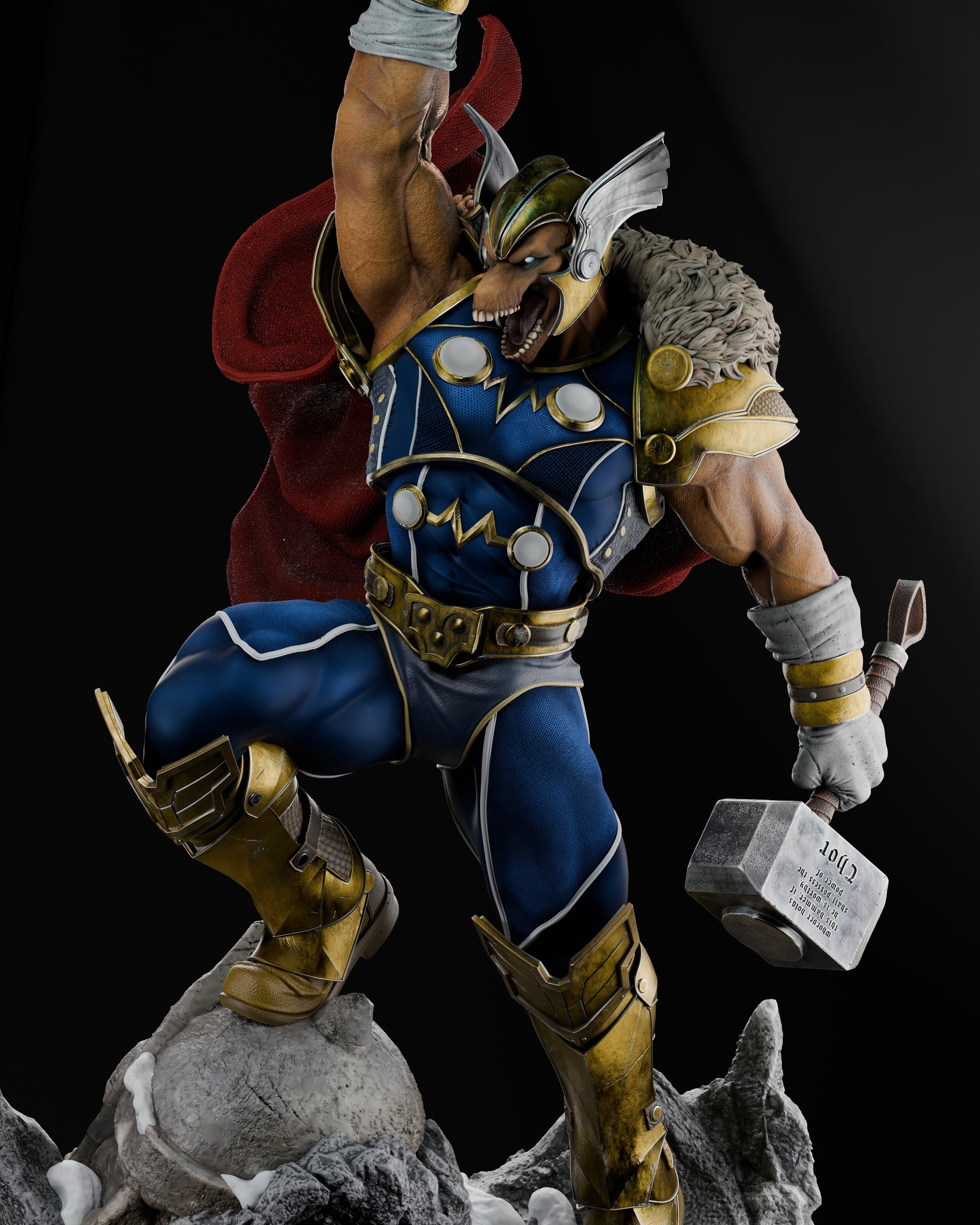 Beta Ray Bill striking a dominant pose atop a rocky base, hammer glowing with energy, under dramatic lighting.