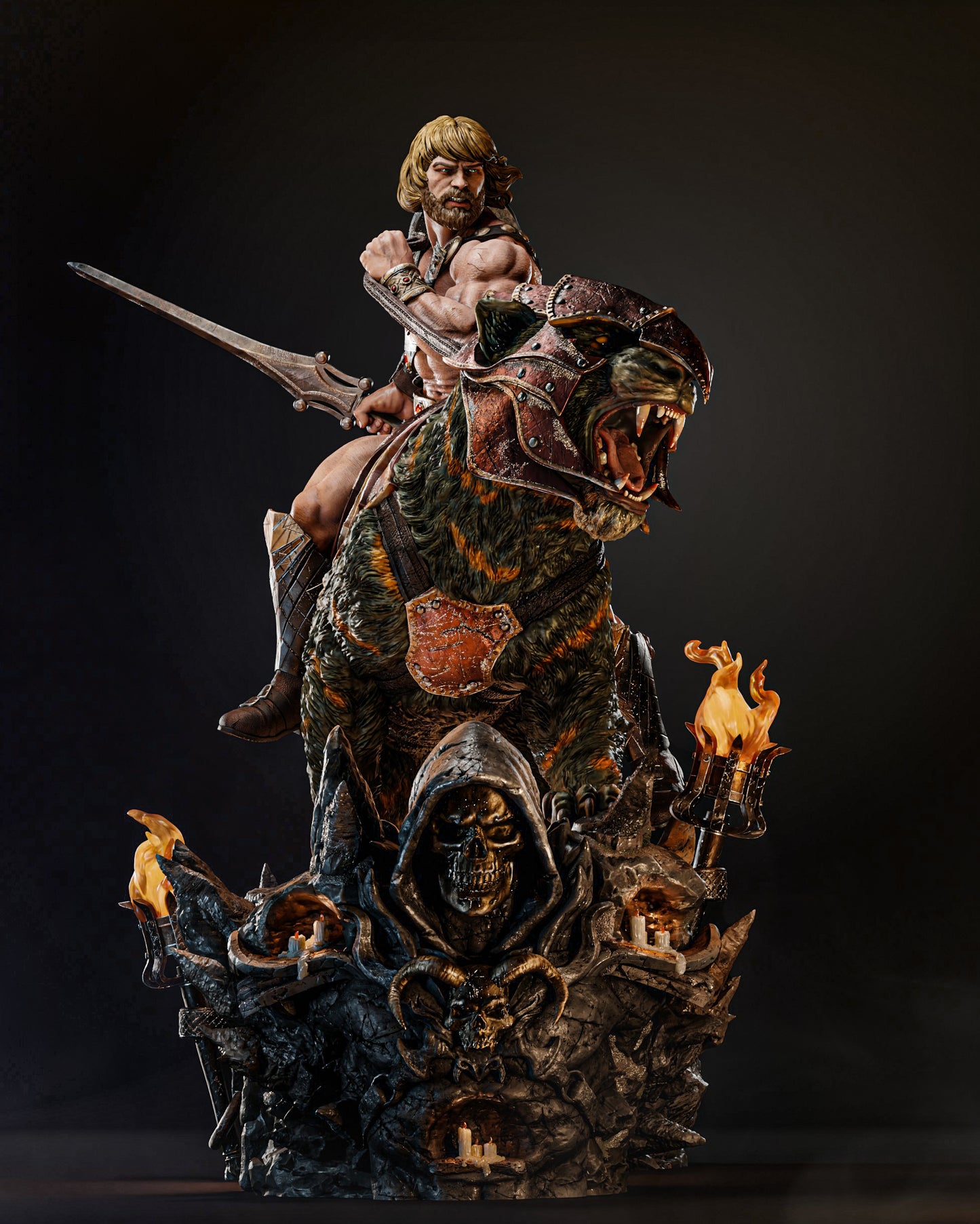 1. A dynamic sculpture of He-Man riding Battle Cat, featuring He-Man poised heroically with a sword and Battle Cat roaring fiercely, set against a dark background.