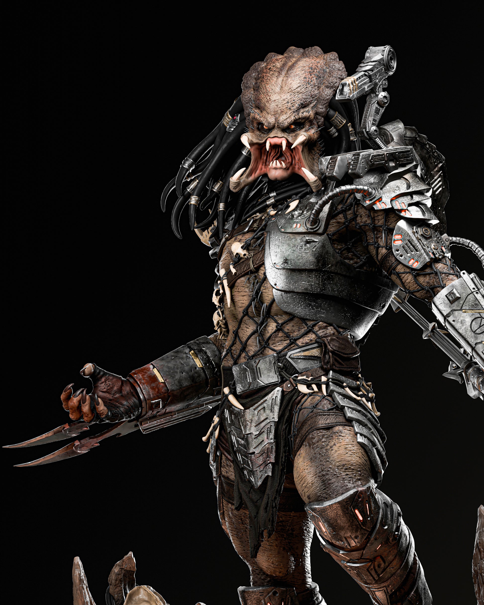 Close-up of the Predator Yautja Warrior's head, showcasing the swappable faceplate and detailed features.