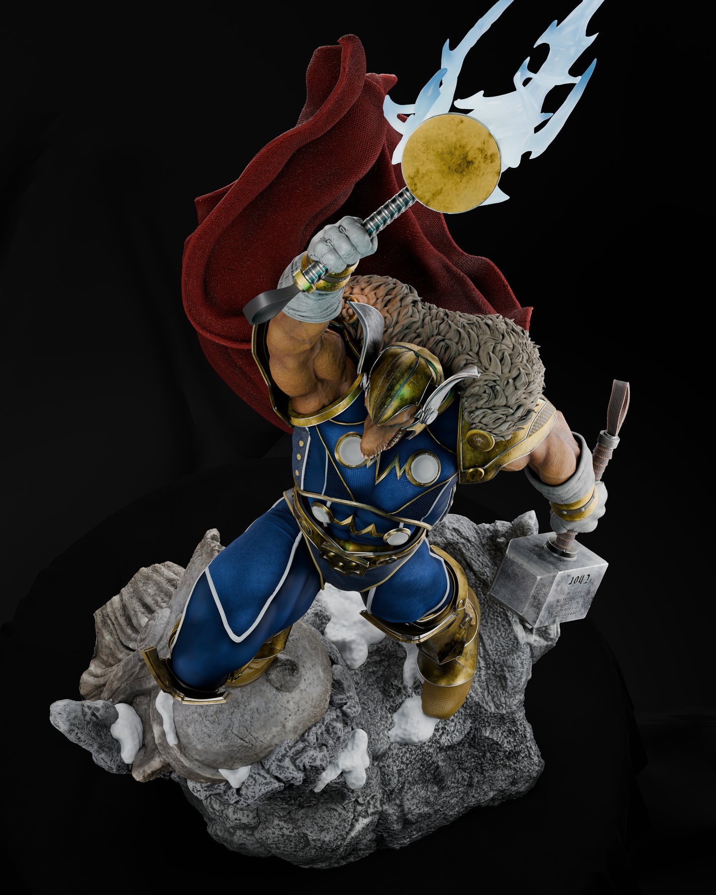 Beta Ray Bill striking a dominant pose atop a rocky base, hammer glowing with energy, under dramatic lighting.