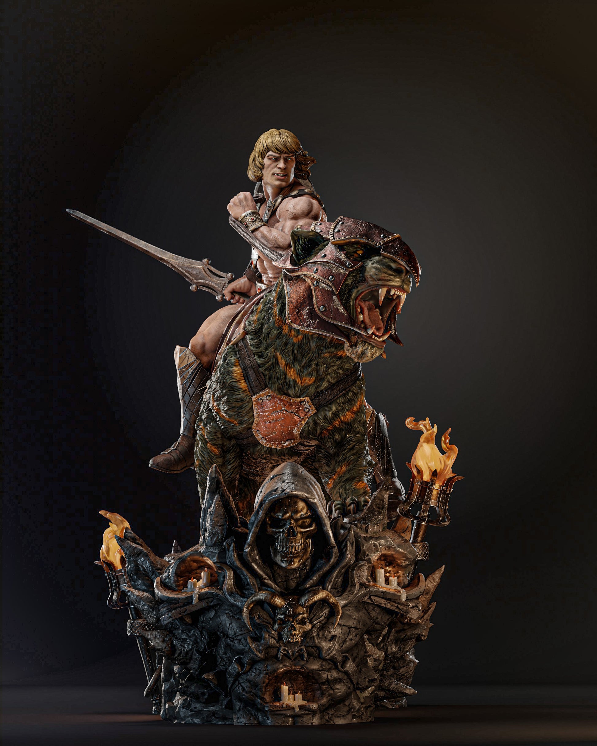 1. A dynamic sculpture of He-Man riding Battle Cat, featuring He-Man poised heroically with a sword and Battle Cat roaring fiercely, set against a dark background.