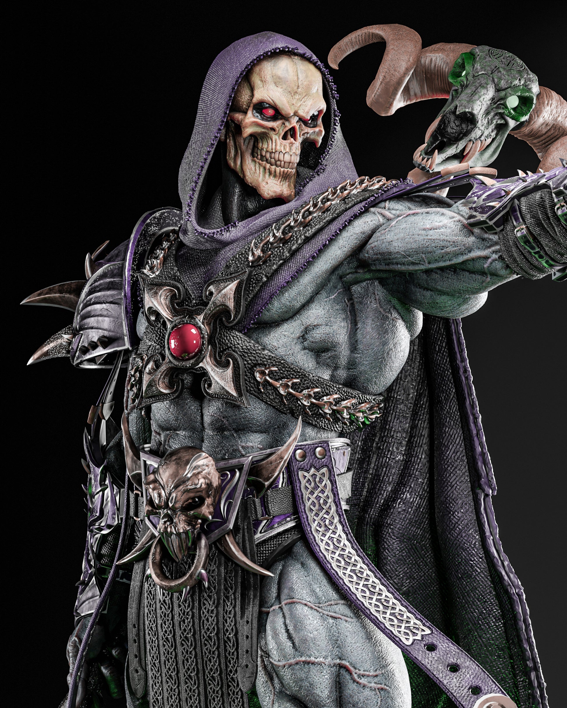 Detailed close-up of Skeletor 1:6 scale figure model kit, featuring the menacing skeletal face and intricate armor, created by ZEZ STUDIOS.