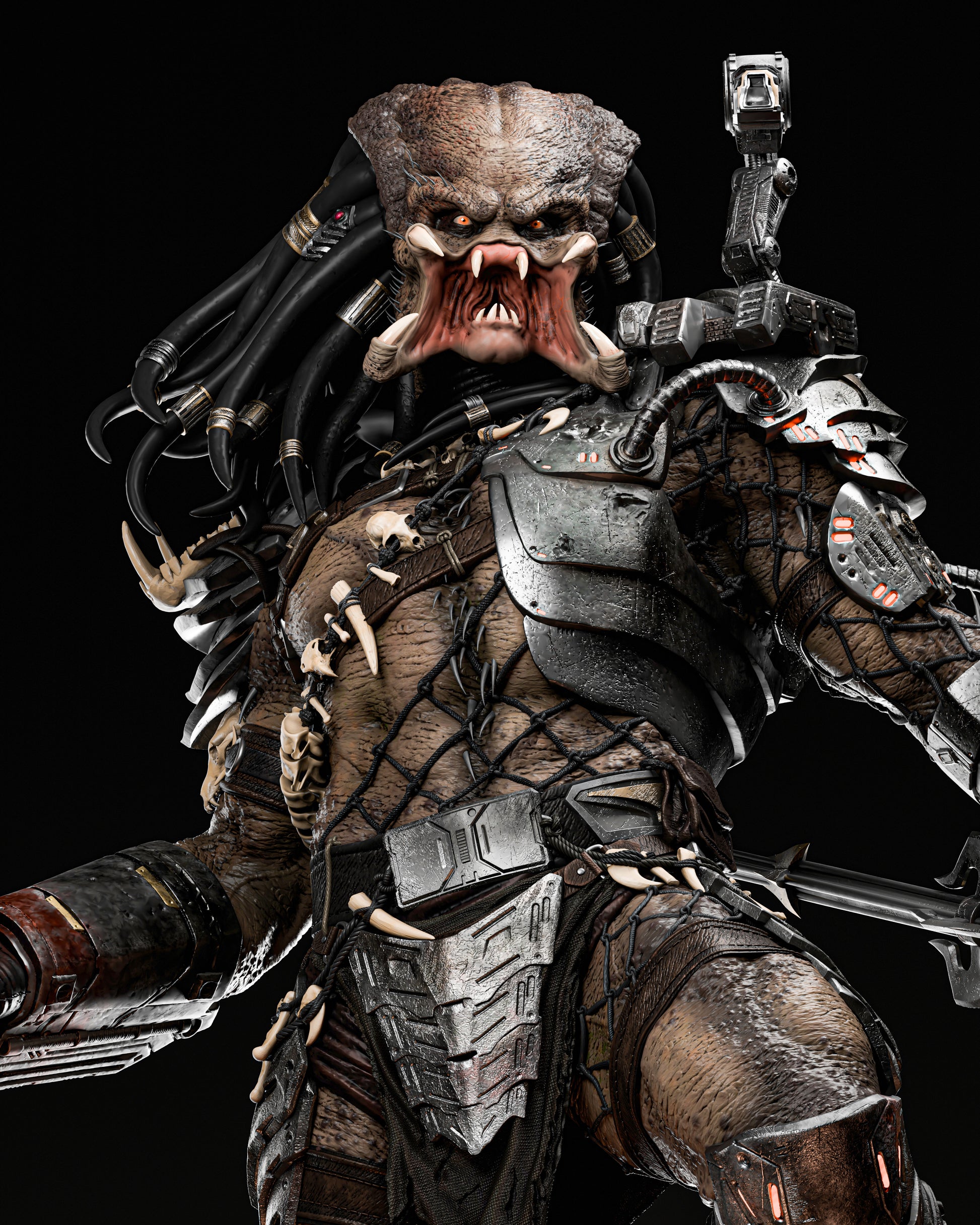 Close-up of the Predator Yautja Warrior's head, showcasing the swappable faceplate and detailed features