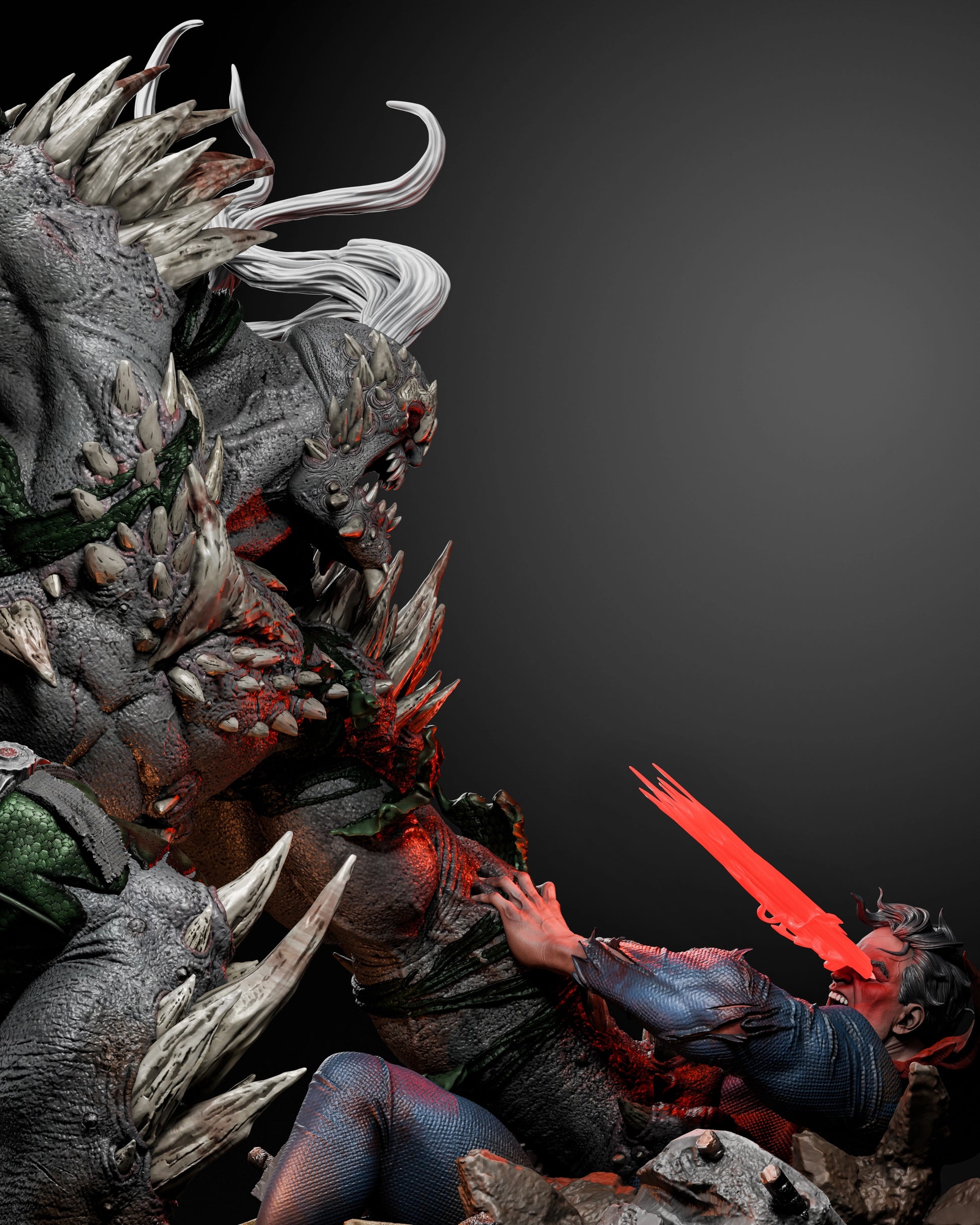 Overhead view of the Doomsday vs Superman 3D model, showcasing the dynamic action and detailed base, 1:6 scale.