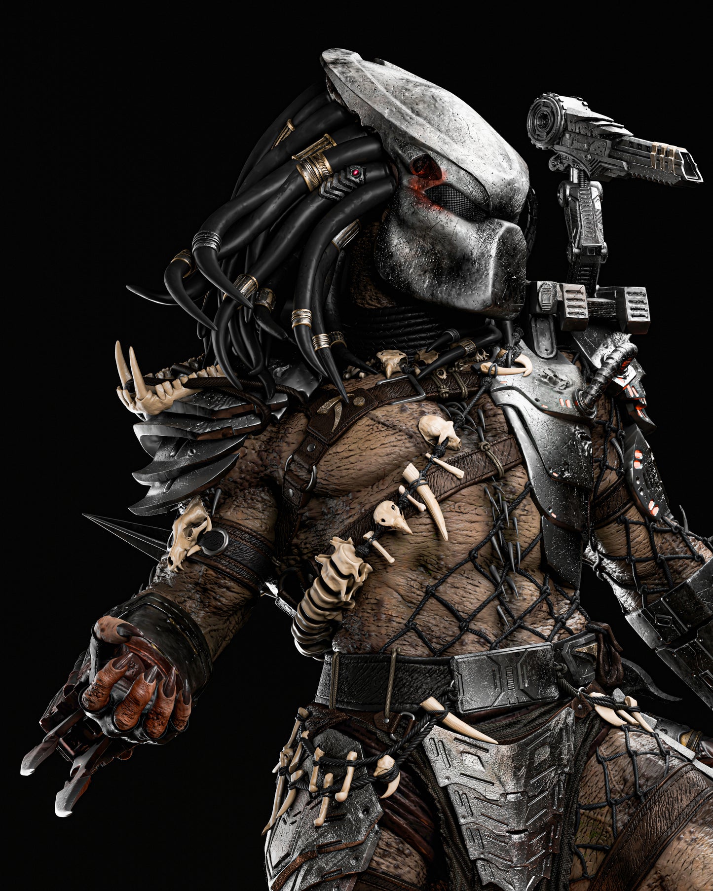 Detailed side view of the Predator Yautja Warrior resin figure model, showing intricate armor and weaponry.