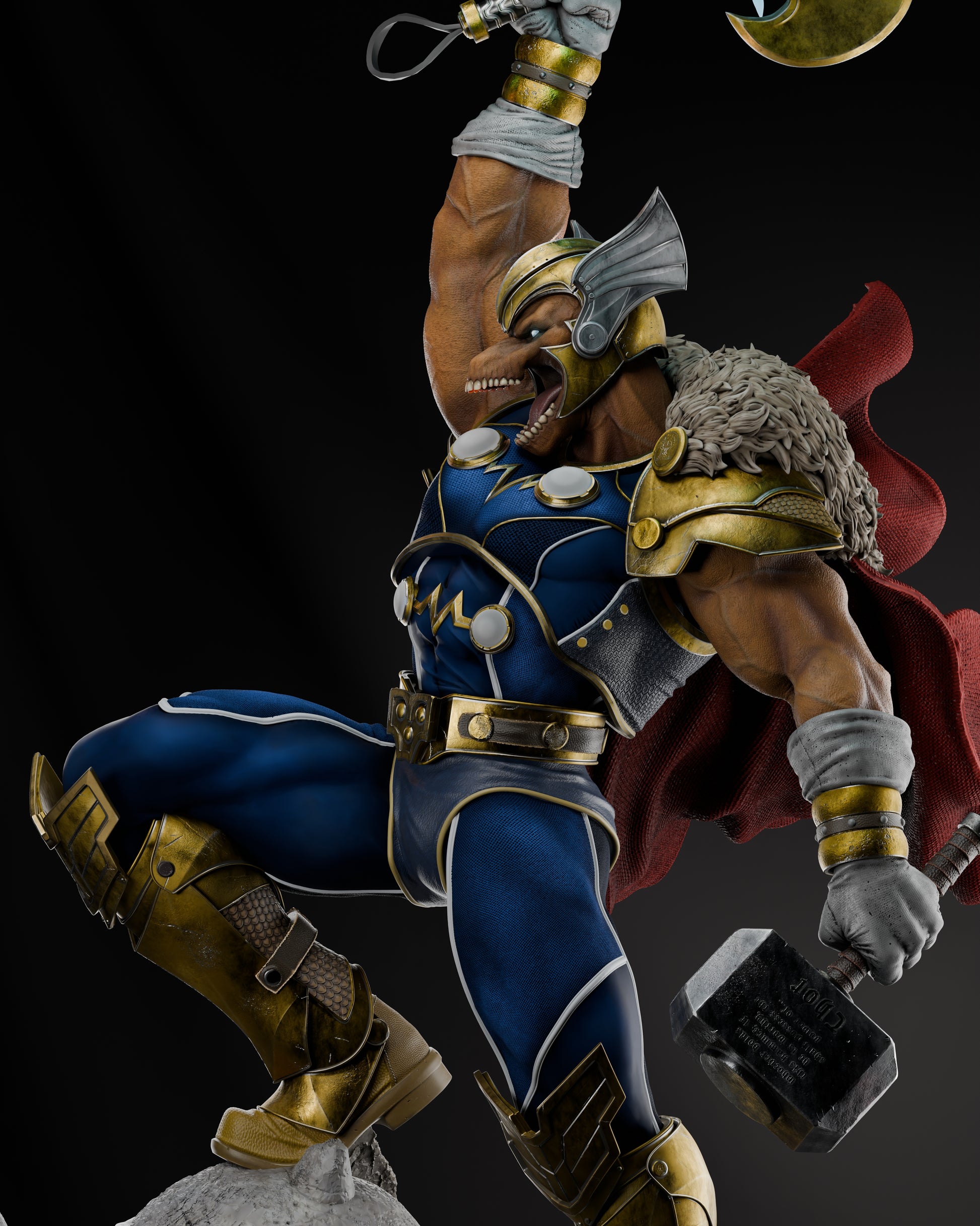 Side view of Beta Ray Bill in a powerful pose with hammer in hand, emphasizing the texture and flow of his red cape.