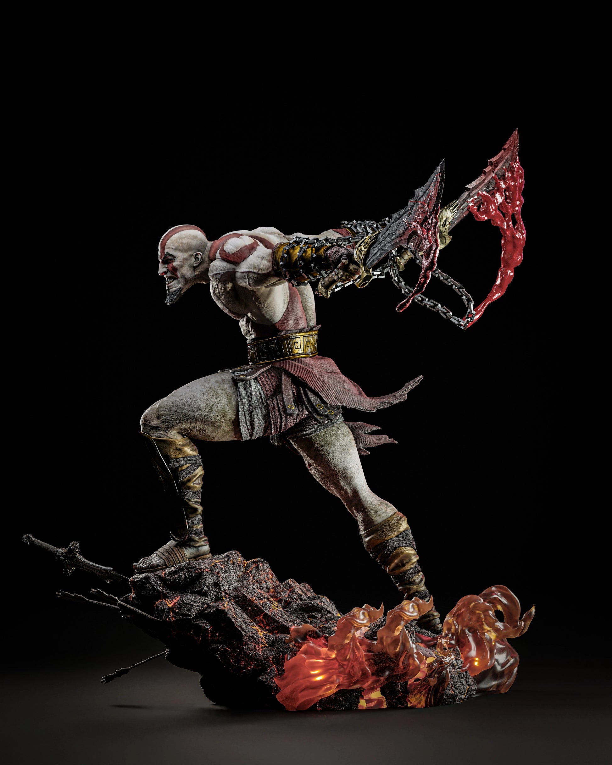 Side view of Kratos 3D printed model in a battle stance, holding the Blades of Chaos, with a fiery base and black background.