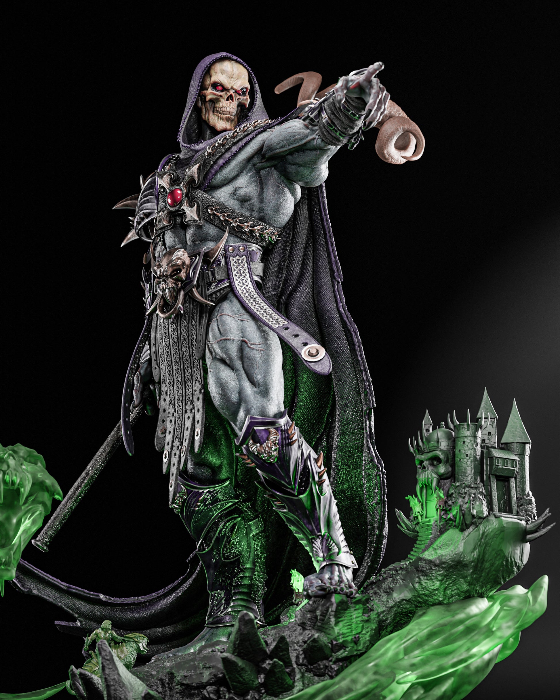 Full view of Skeletor 1:6 scale figure model kit, showcasing the detailed design and vibrant green energy effects, created by ZEZ STUDIOS.