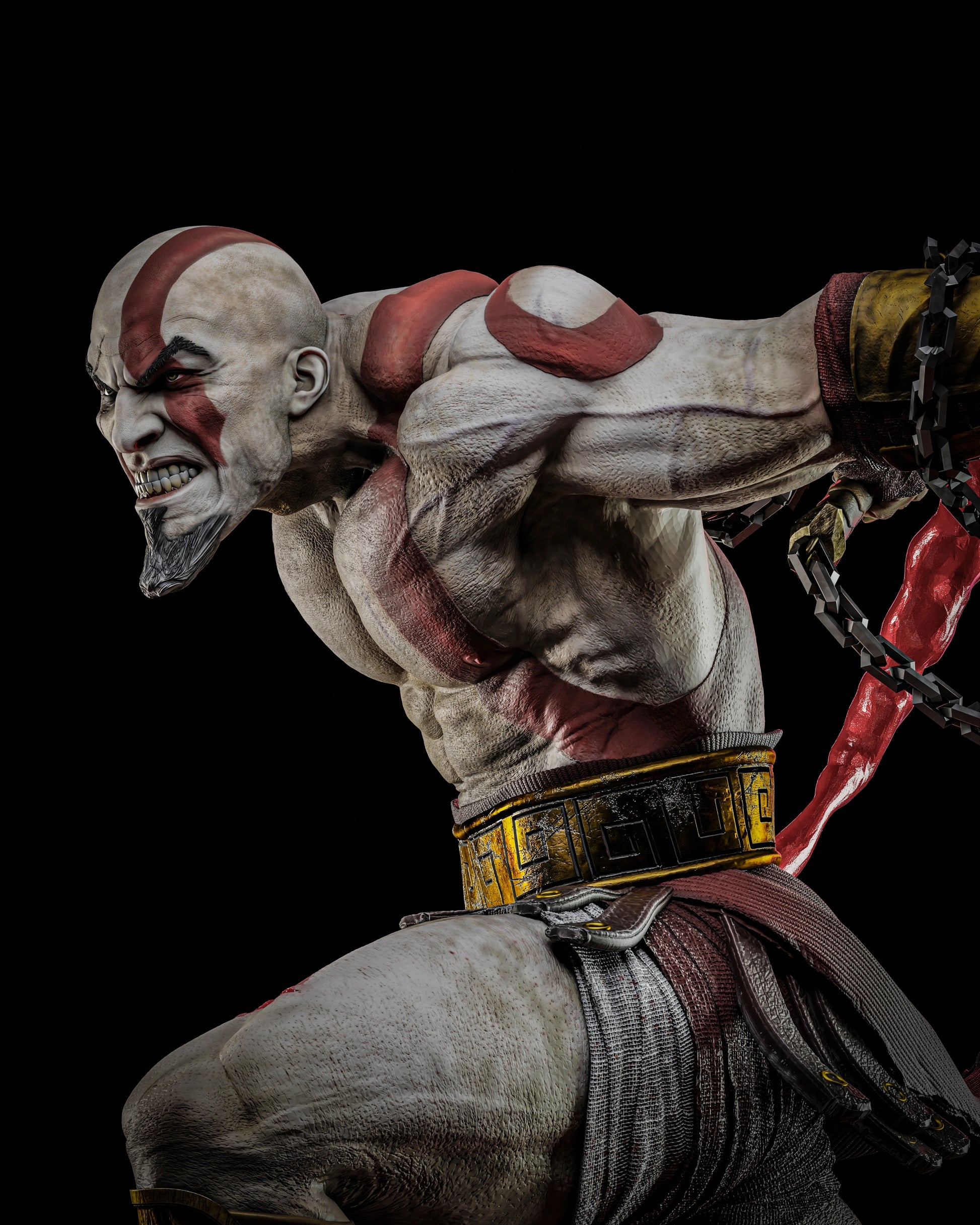 Detailed close-up of Kratos' upper body, highlighting his muscular definition and fierce expression, with chains and blood effects.