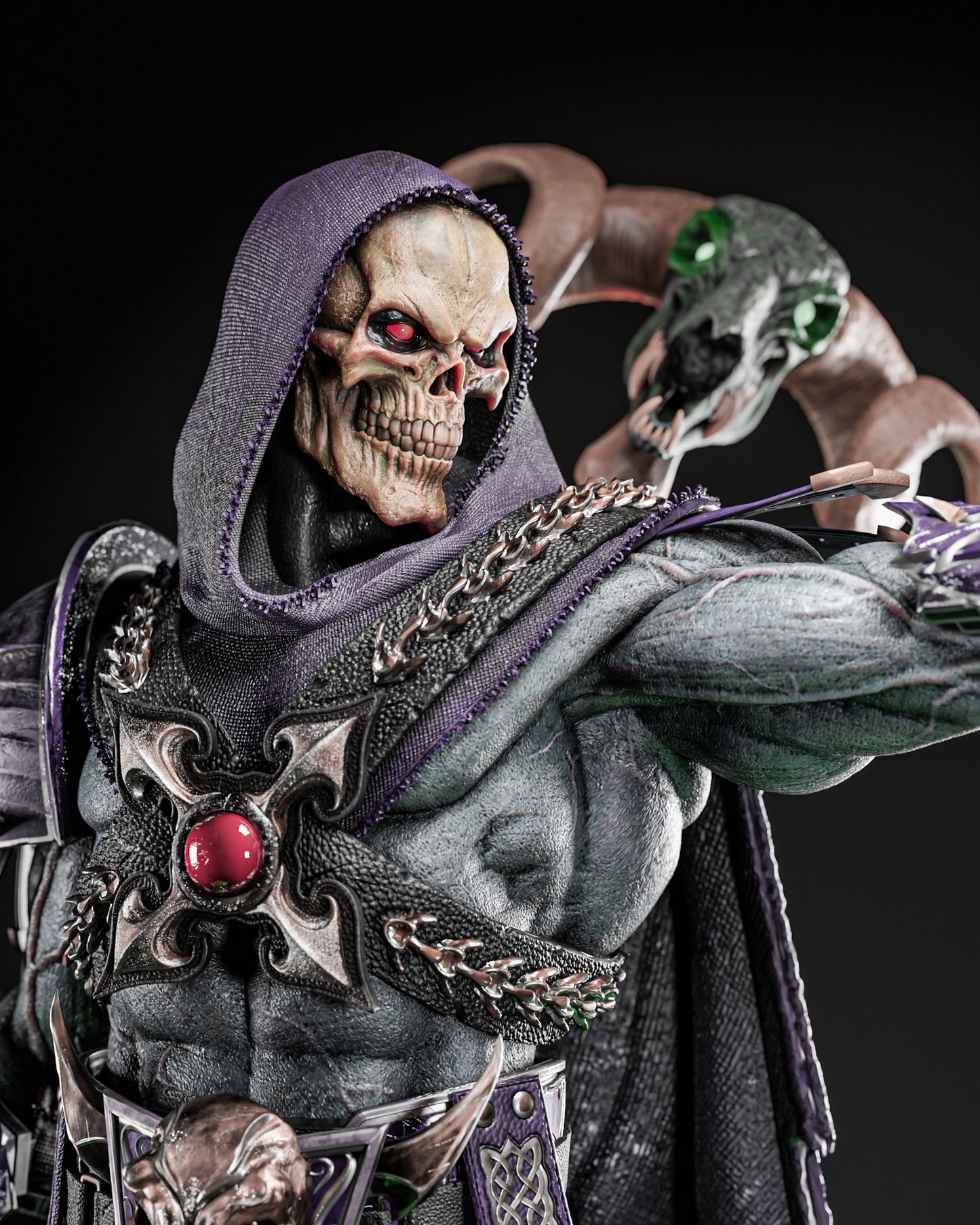 Close-up of Skeletor 1:6 scale figure model kit, highlighting the detailed skeletal face, hooded cloak, and intricate chest armor with red gem, designed by ZEZ STUDIOS.