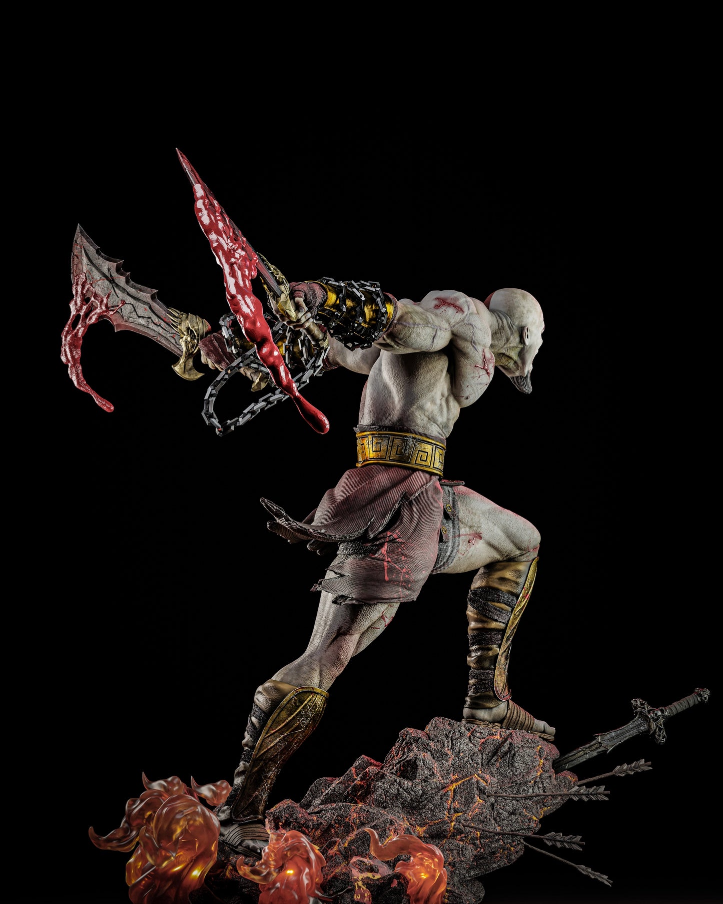 Dynamic side view of Kratos 3D model, displaying his powerful pose, intricate armor, and fiery rock base.