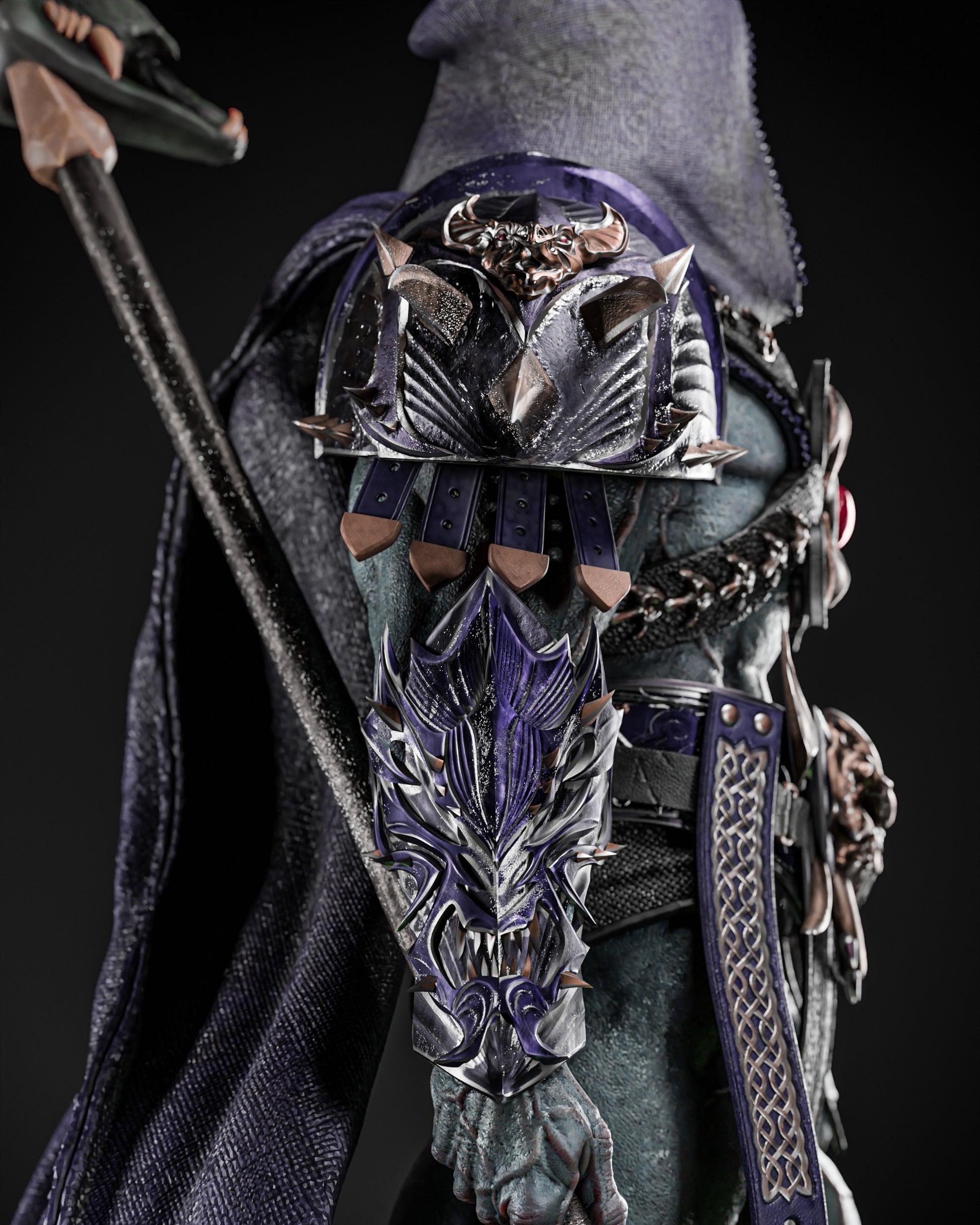 Close-up of Skeletor 1:6 scale figure model kit, showcasing the detailed shoulder armor with intricate designs and menacing spikes, created by ZEZ STUDIOS.