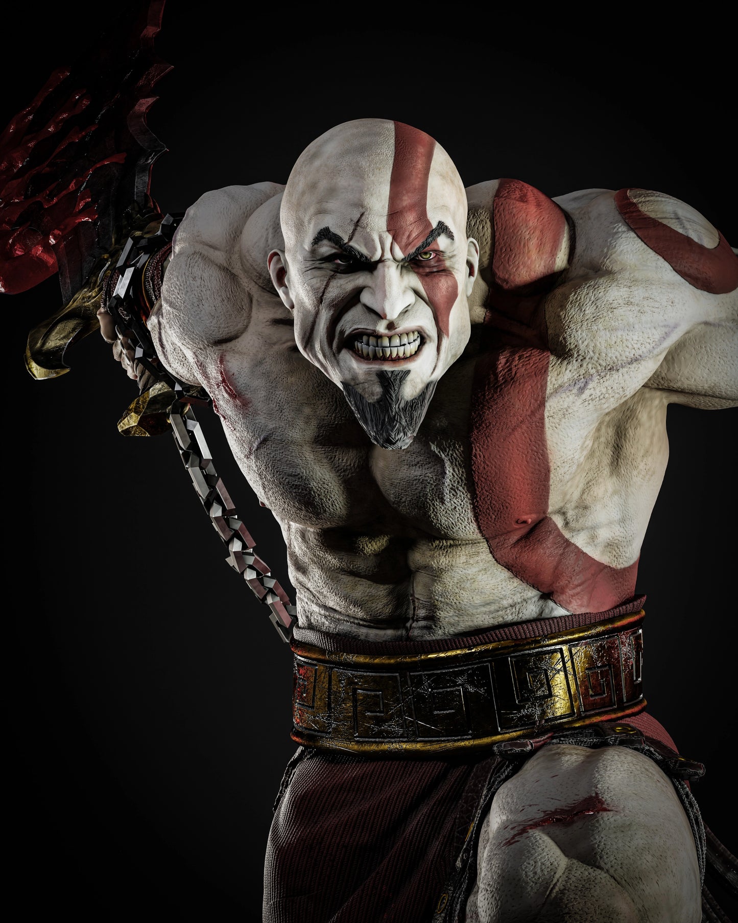 Close-up front view of Kratos, emphasizing his aggressive facial expression, battle scars, and the detailed Blades of Chaos.