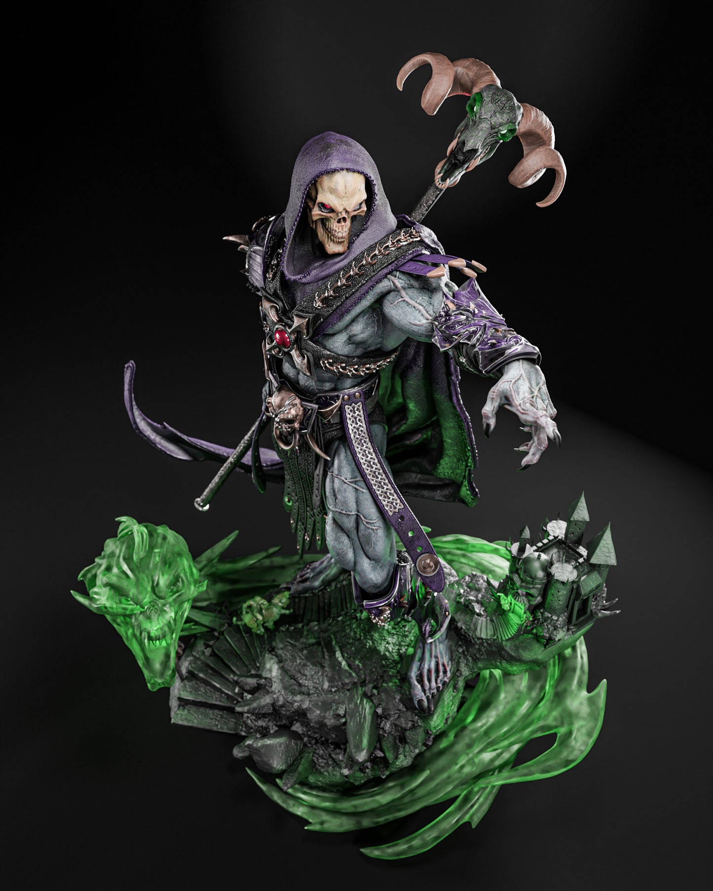 Top view of Skeletor 1:6 scale figure model kit, highlighting the dynamic pose and detailed base with green energy effects and castle ruins, designed by ZEZ STUDIOS.