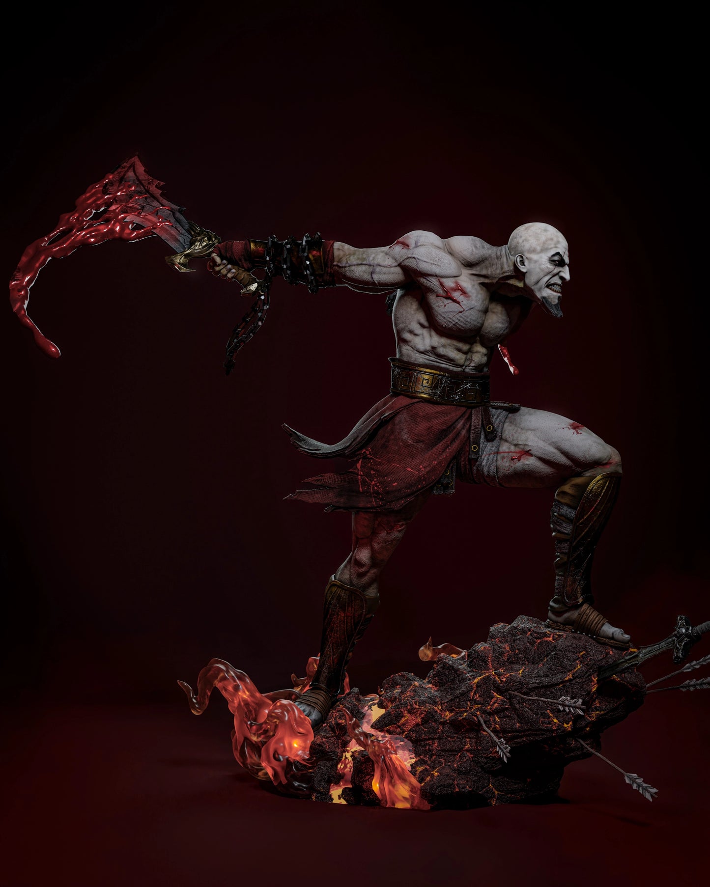 3D printed model of Kratos from God of War, holding his Blades of Chaos, with a fierce expression, standing on a fiery rocky base.