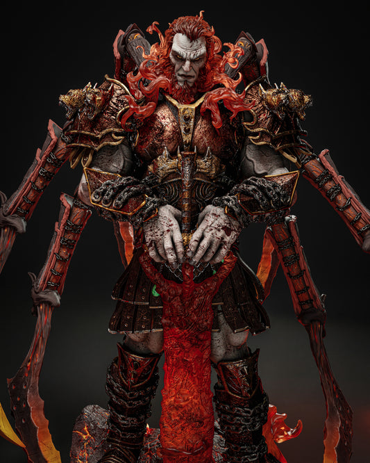 Front view of Ares resin figure from God of War by ZEZ Studios, showcasing intricate armor and fiery details.